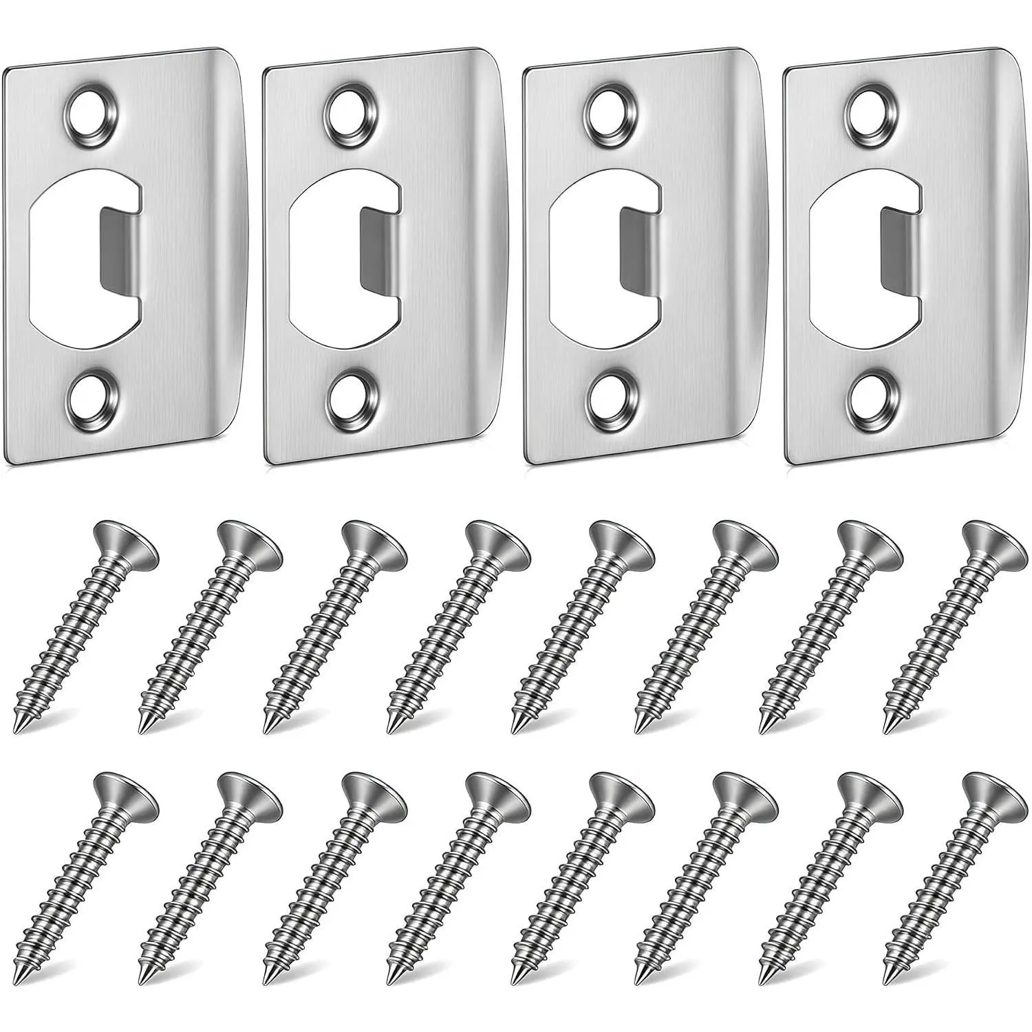 4 Pack Stainless Steel Door Strike Plates with 16 Screws, Door Latch Plate Repair Kit for Interior Door Frame, Door Lock Strike Plate Reinforcement for Home and Office