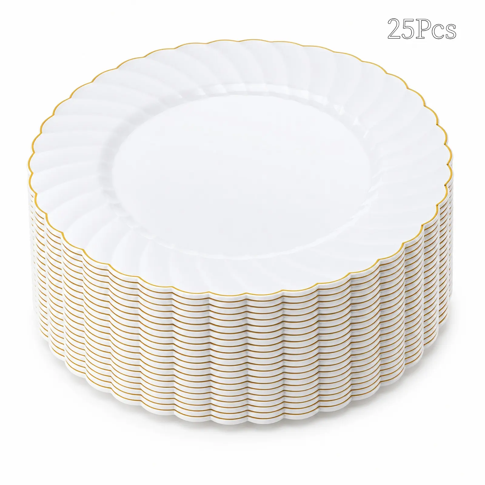 25 Pcs 7.5/10 Inch Gold Trim Petal Plates, Plastic Disposable Dessert Plates, Party Wedding Dinnerware, Elegant Serving Dishes