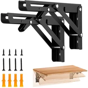 8 Inch Heavy Duty Folding Shelf Brackets, 2 Pack (1 Pair) Collapsible Wall Mounted Brackets for Fold Down Table, Stainless Steel Folding Table Hinge, Matte Black