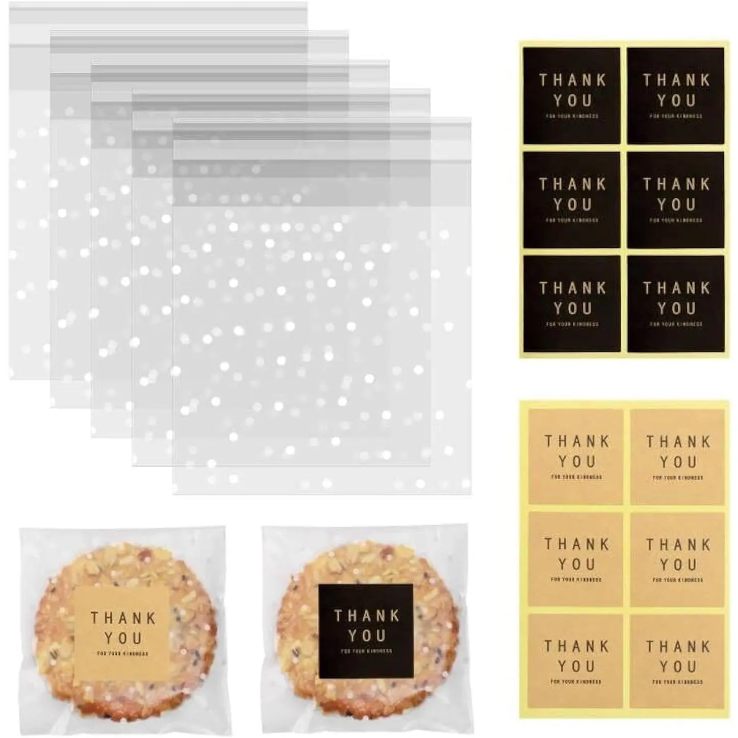 Self Sealing Cookies Bags Pack of 100 Clear Cellophane  Bags with Thank You Stickers for  Giving Brownies Candies Dessert Bakery Party Favors (White Polka Dot, 4x4 Inches)