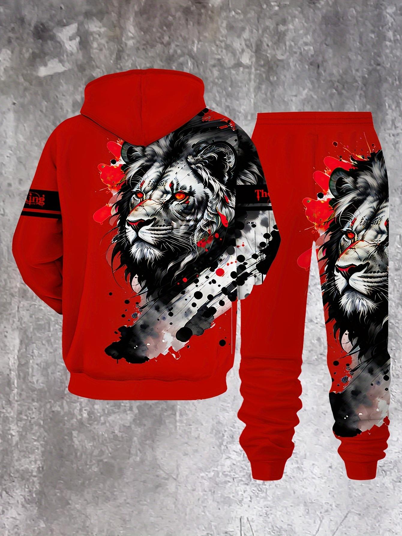 Men's casual 2-piece set, lion ink print hoodie and sweatpants, spring and autumn fashion outfit