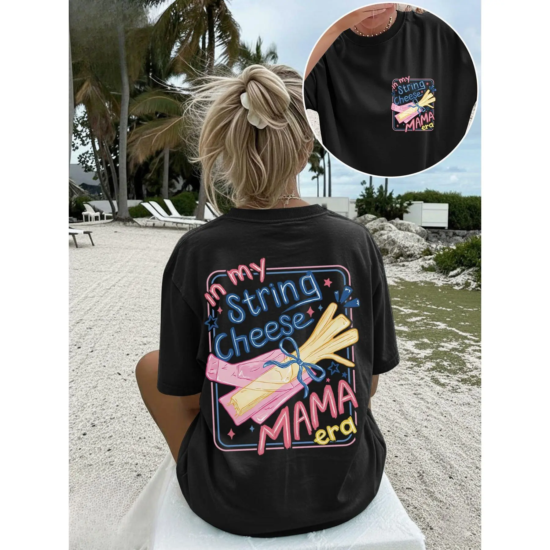 Women's Double-Sided Bow & Star Print T-Shirt - Short Sleeve Round Neck -Compatible Top| Spring Summer Beach Outfits, Casual Casual Attire with Bow & String Cheese Suitable for Seasons, summer graphic tees,good graphic tees