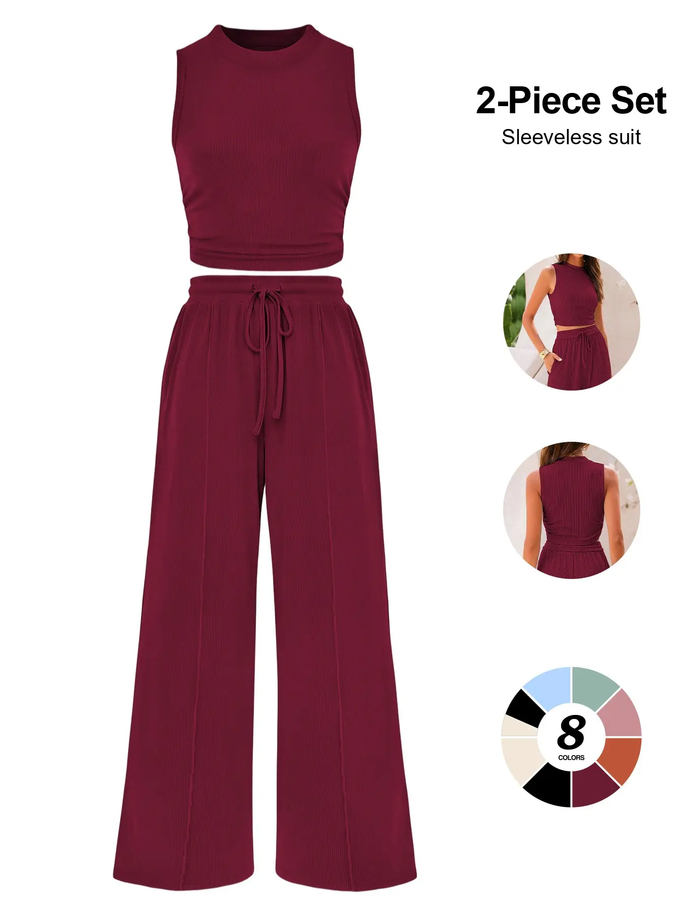Trendy Casual Co-Ord Set, Side Ruched Vest Cropped Top & Flowing Wide Leg Pants, Comfortable Daily Wear for Women, Clothes