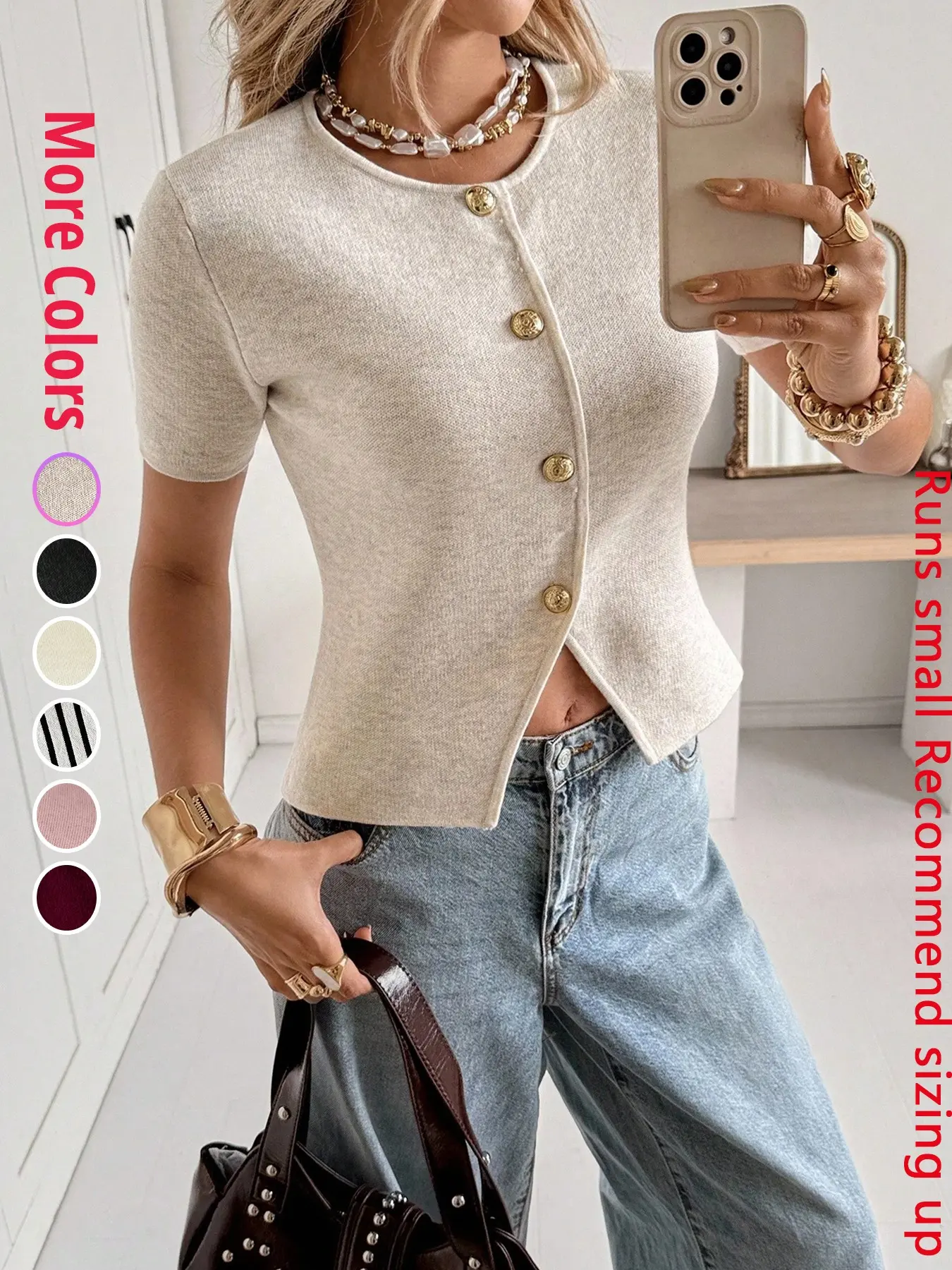 【Back to School Outfits】Women's Knit Short Top with Buttons, Fitted Design, Casual Style, Half Sleeve, Perfect for Spring and Summer