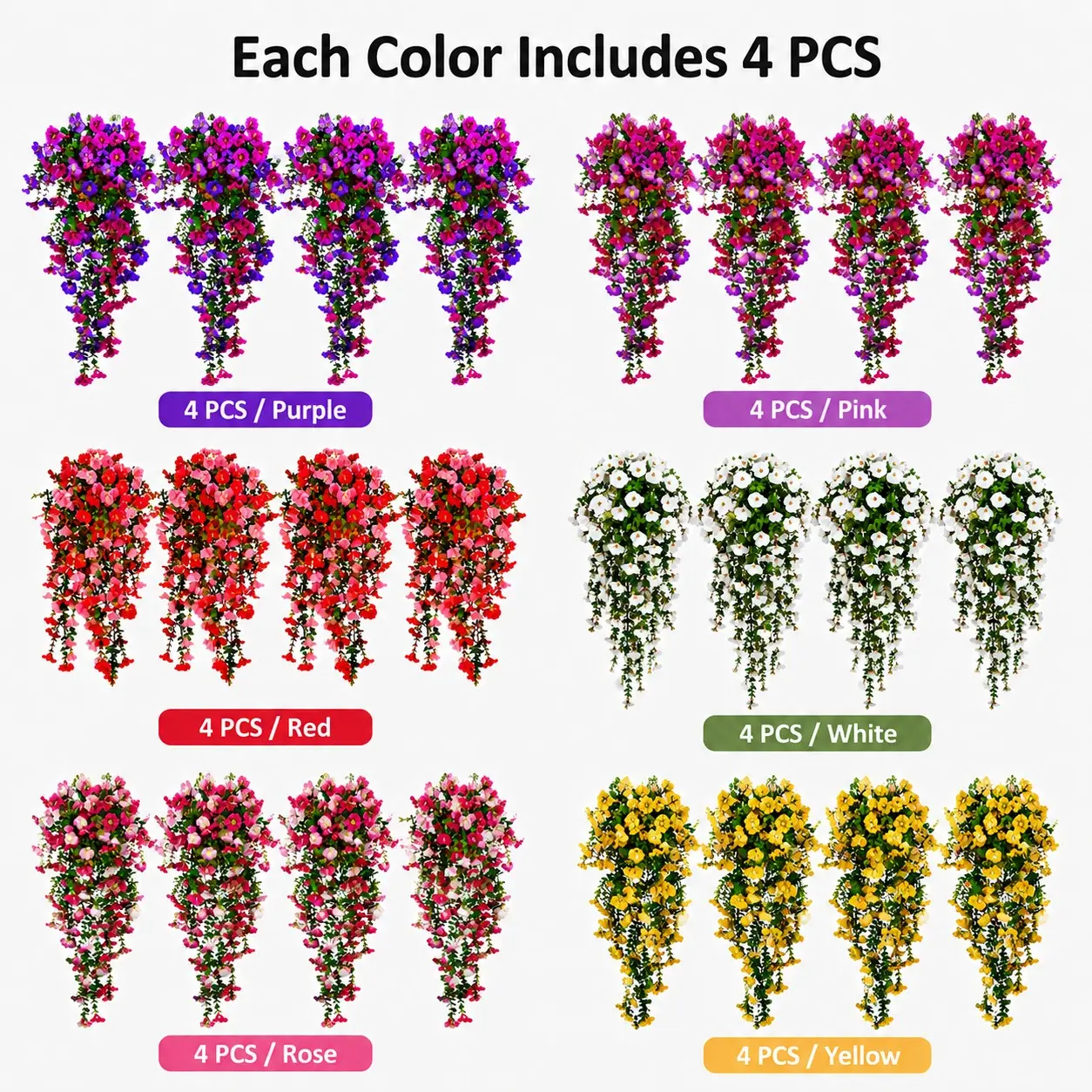 4-Pack Artificial Morning Glory Wall Hanging Vines, Fake Flowers, Artificial Flower Decorations, Decorative Faux Flower, Multi-Color Indoor Outdoor Decor, Layered Petals, Leaves, Hangable Flowers