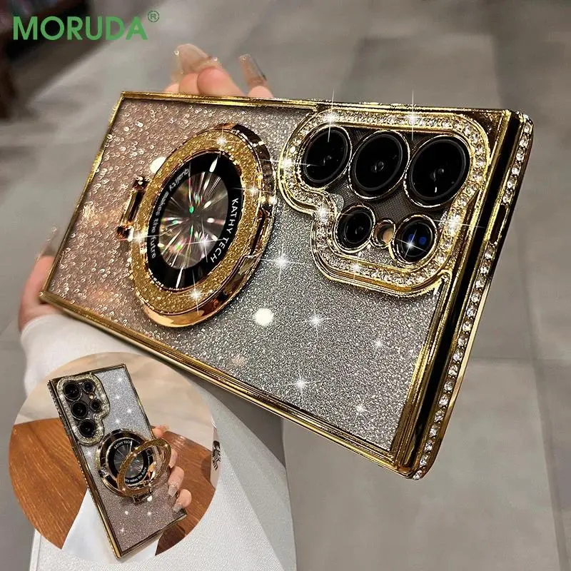S26Ultra Glitter Bracket  For Samsung Galaxy S25 S24 S23 S22 Ultra S26 Plus A55 A52S A15  Diamond  Cover  with Lens Protector beautiful case