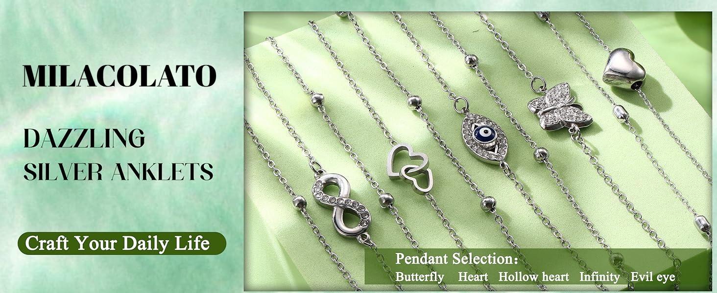 MILACOLATO Stainless Steel Ankle Bracelet for Women Teens Cute Butterfly Sequin Infinity Cross Heart Evil Eye Pendant Layered Anklets Adjustable Foot Jewelry