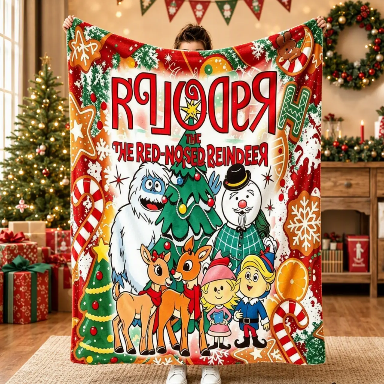 Rudolph The Red Nosed Reindeer Inspired Fannel Blanket For Adults Christmas Living Room Home Decor Warm Cozy Throw Blanket For Sofa Office Cover Holiday Fun Winter Decor Birthday Christmas Gift Family Gift