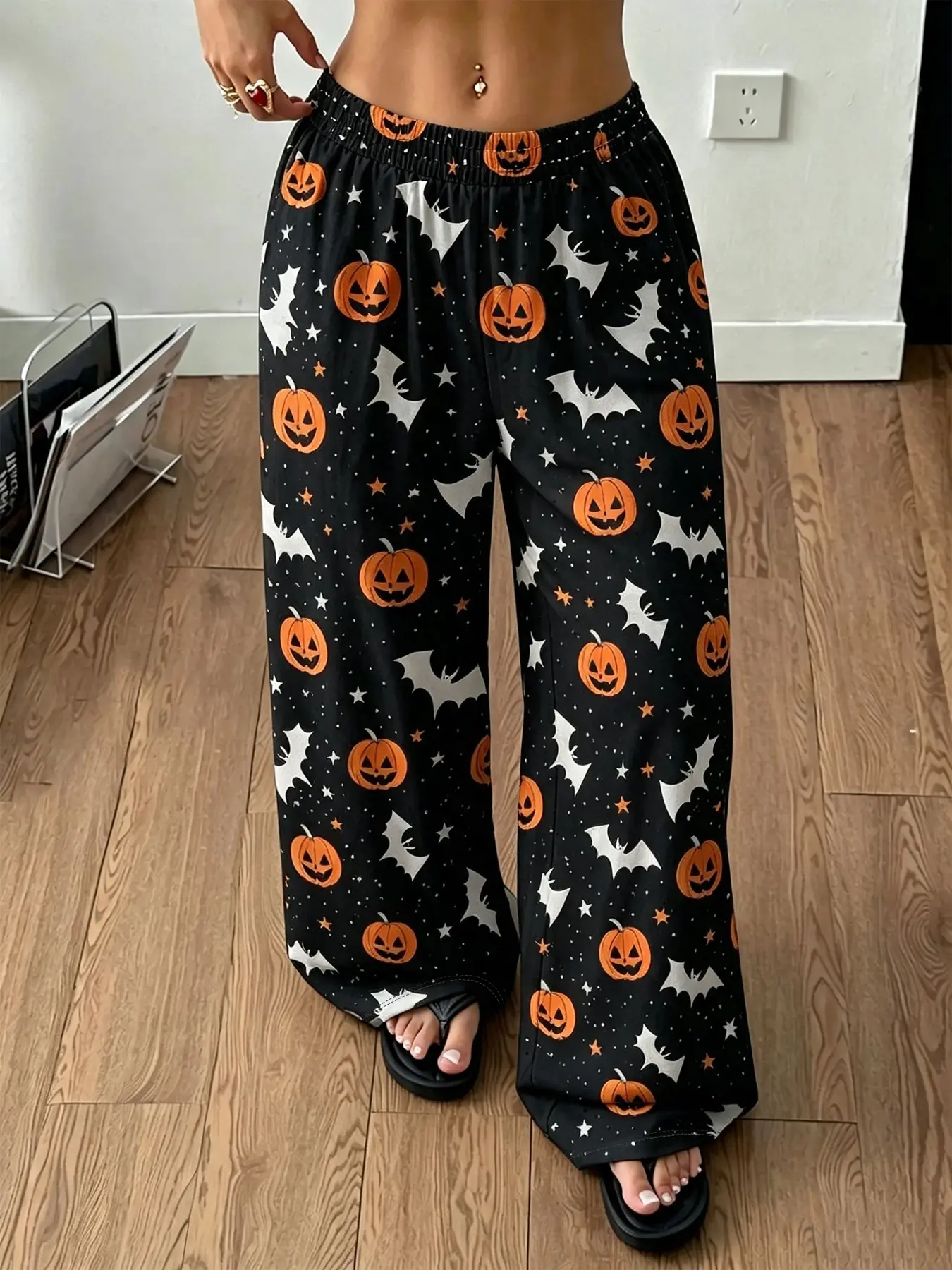 Women Elastic Waist Wide Leg Pants, Halloween Pumpkin Bat Star Print Loose Casual Trousers, Spooky Gothic Loungewear Sleep Pants, Knit Pajama Pants