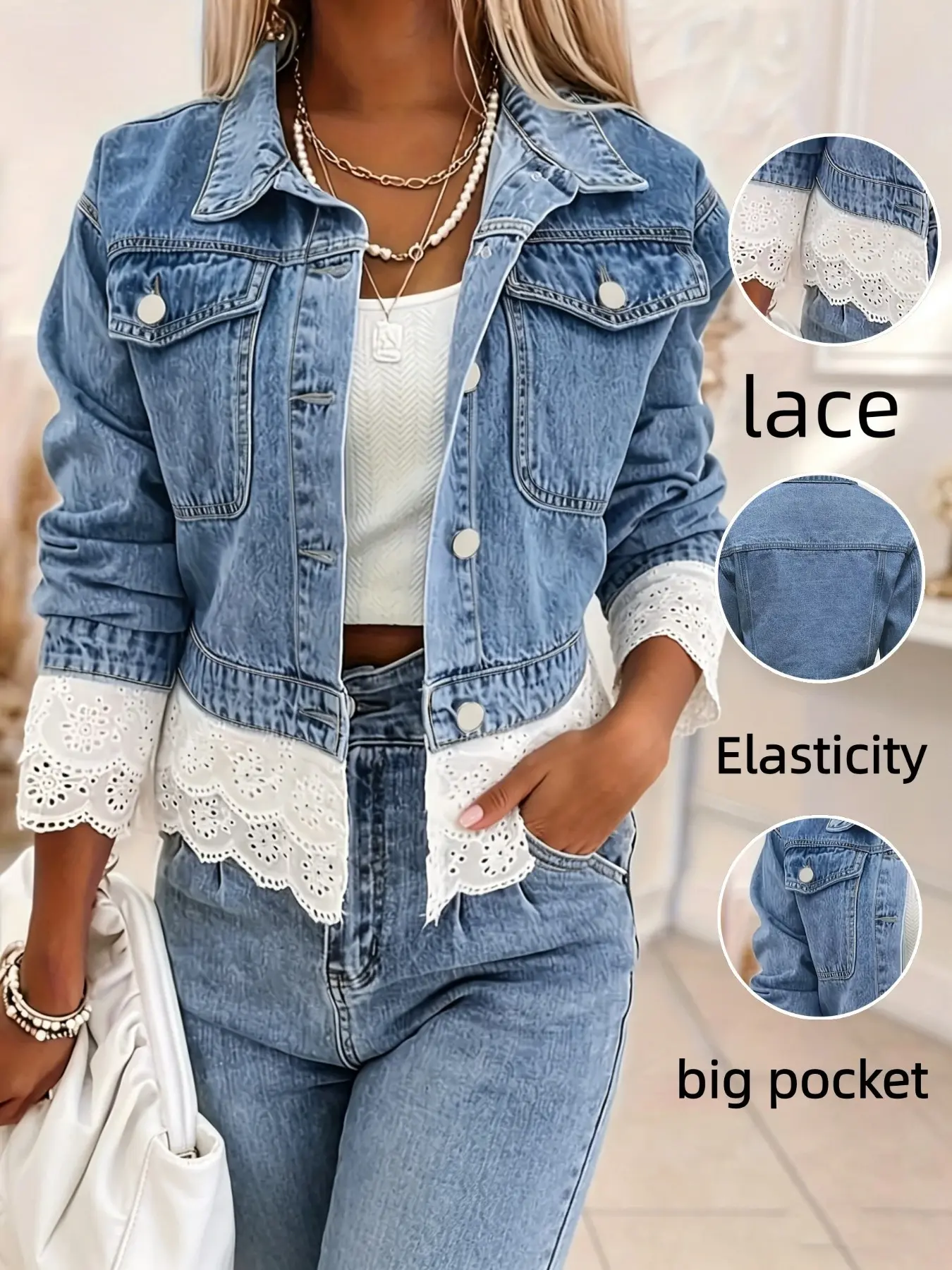 Lace patchwork collared denim jacket for women, Collared outerwear, light blue washed craftsmanship, hollowed out embroidered lace hem+cuffs, single breasted collar, slim, Loose and versatile, suitable for casual commuting and dating in spring and autumn