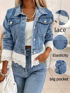 Lace patchwork collared denim jacket for women, light blue washed craftsmanship, hollowed out embroidered lace hem+cuffs, single breasted collar design, slim, Loose and versatile jacket top, suitable for casual commuting and dating in spring and autumn
