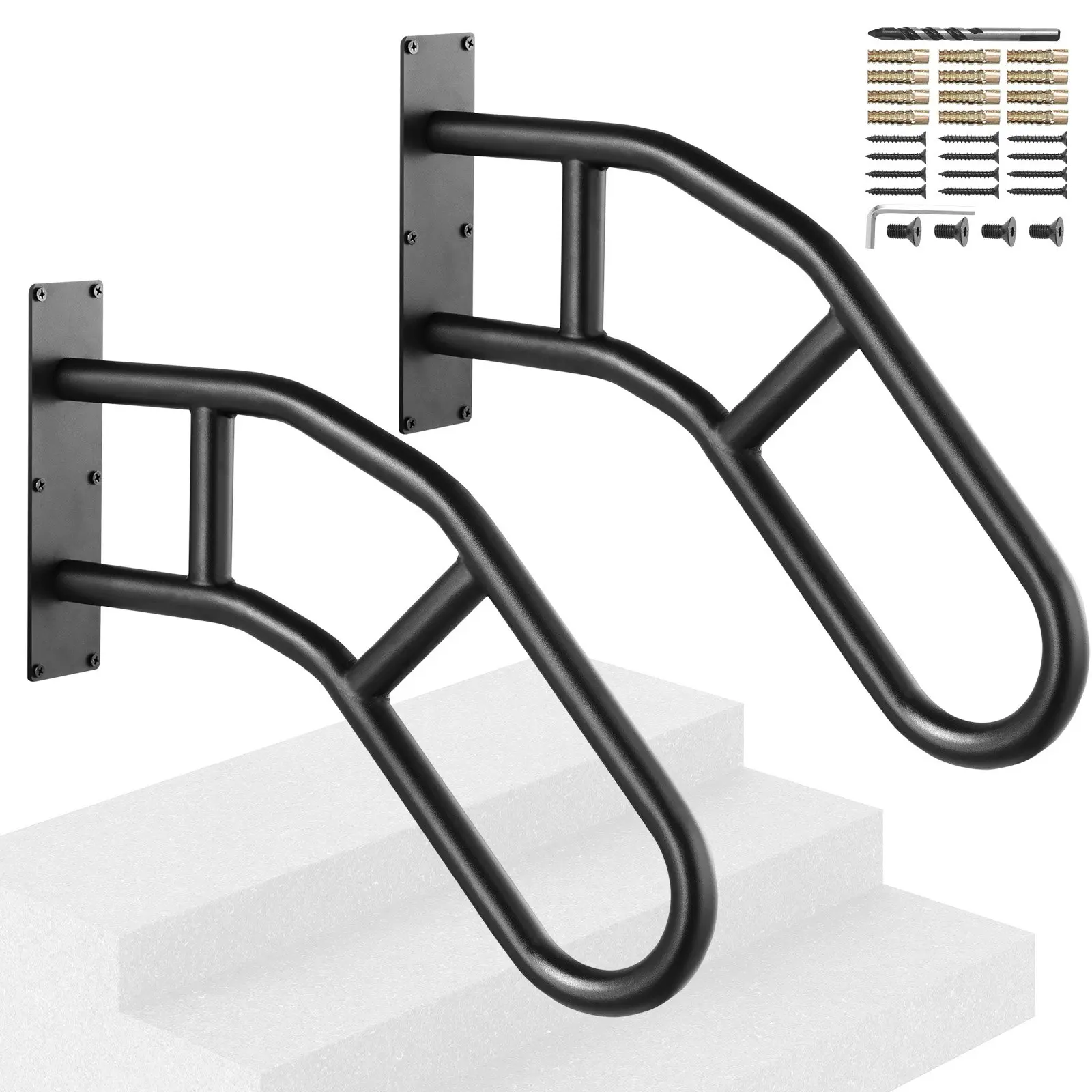 VEVOR Handrails for Outdoor Steps, 29" Length Wall Mount Safety Railings for 1-3 Steps, U-Shaped Handrail with Matte Black Finished, Stair Handrails for Kids, Elderly, Pregnant Women, Disabled 2 PCS
