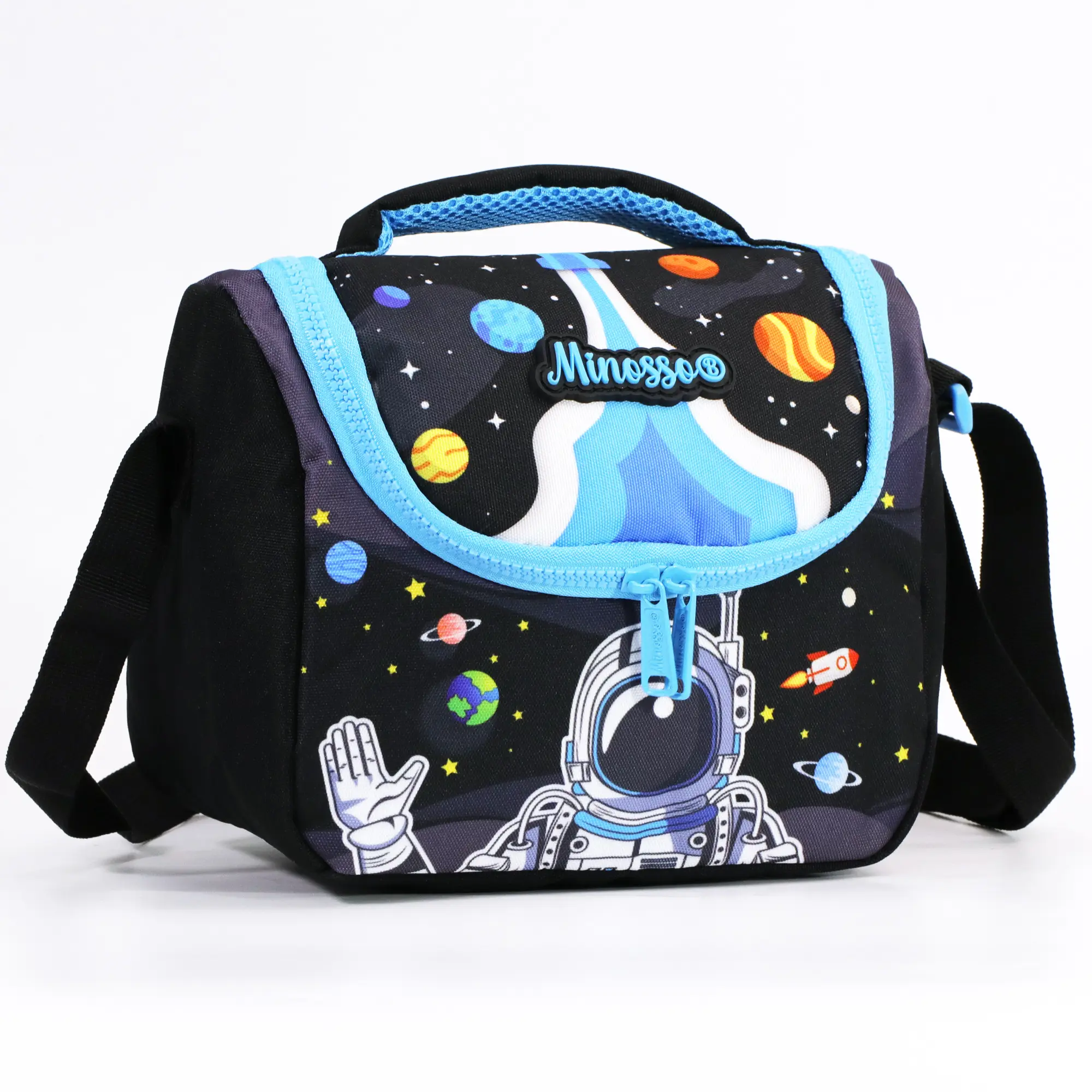 Space Astronaut Print Insulated Lunch Bag, Planet Rocket Pattern Thermal Cooler Tote with Adjustable Shoulder Strap, Boys Reusable Food Carrier for School Camping Outdoor Activities