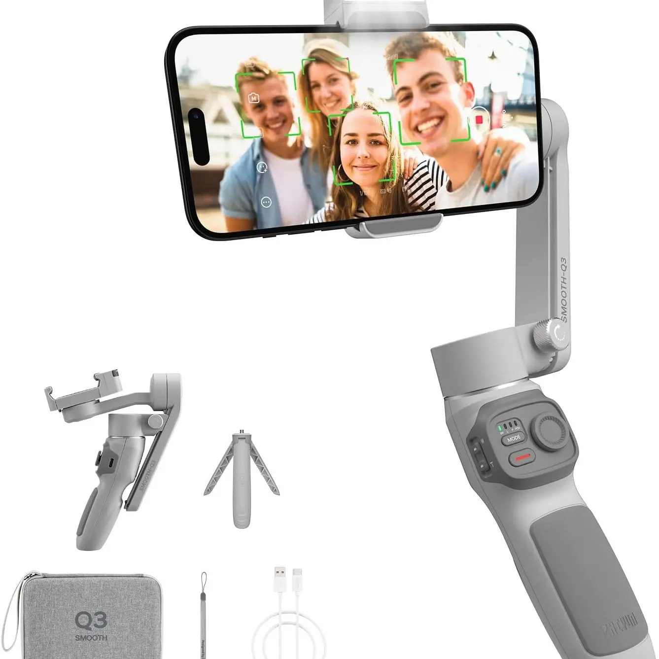 Zhiyun Smooth Q3 Combo, 3-Axis Phone Gimbal with Fill Light, Portable & Foldable, Gesture Control, Auto Tracking for iPhone & Android