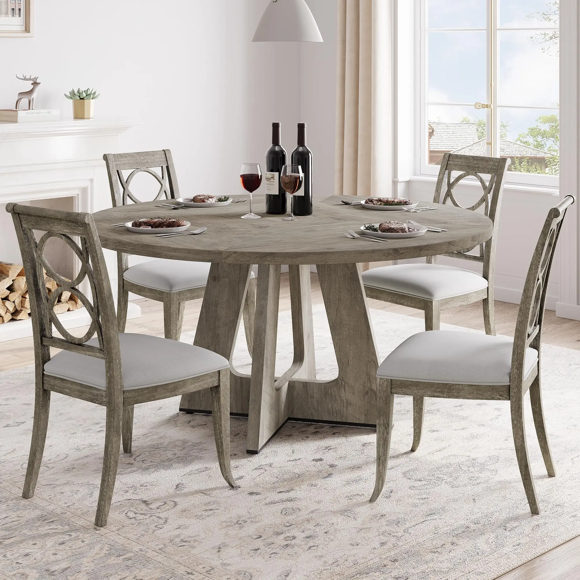 🍽️ 47" Round Farmhouse Dining Table for 4-6 – Wooden Cross Pedestal, 300 lbs Capacity, Adjustable Feet. Perfect for Kitchen & Dining Room (Table Only)! 🏡✨