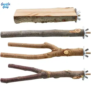 4 Pack Natural Wood Bird Perch Set, Branch Style Parrot Stand Perches & Cage Hanging Platform Toys, Durable Wooden Swing & Resting Sticks for Parakeets, Budgies, Cockatiels, Conures, Macaws & Finches, Safe Bird Cage Enrichment Accessories for Climbing, Ch