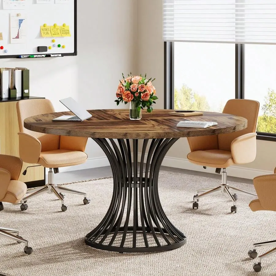 Round Conference Table 4-6, 47-Inch Conference Room Table With Thickened Tabletop And Metal Base, Industrial Meeting Table Office Meeting Room