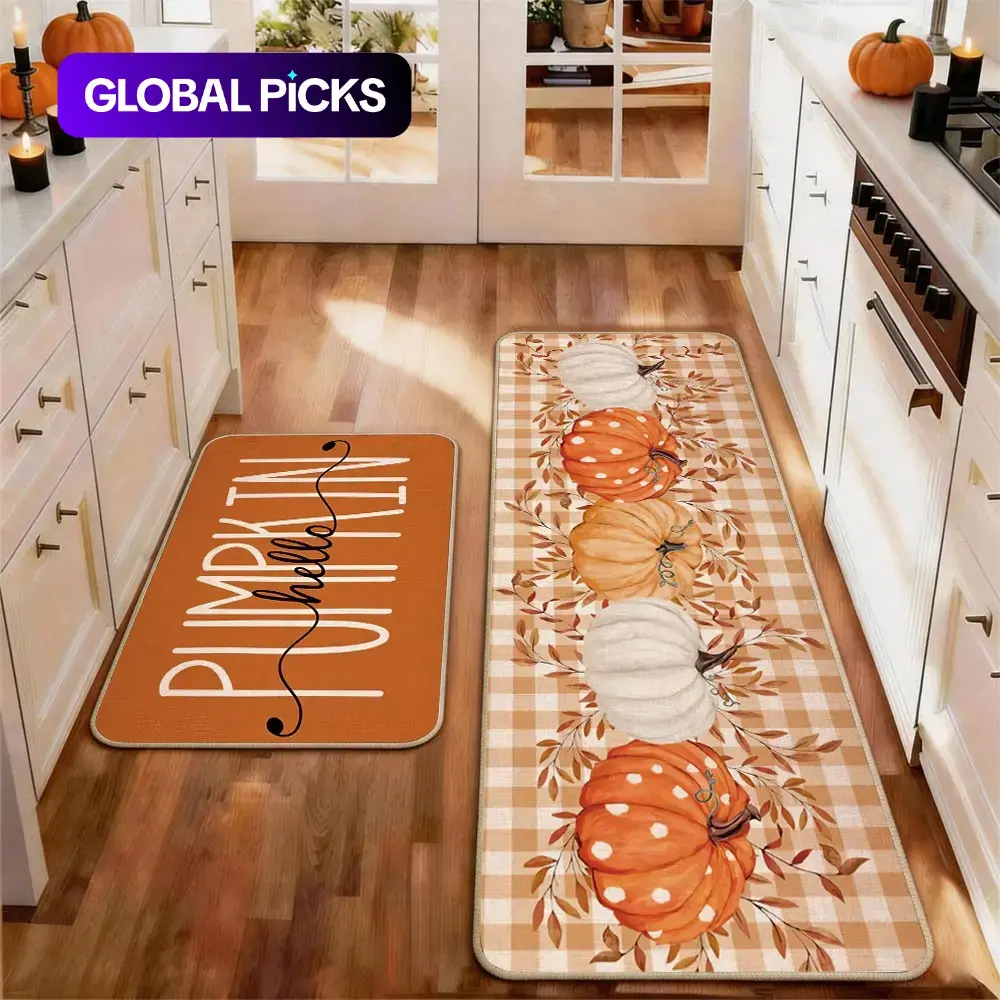 2pcs Thanksgiving Fall Kitchen Mat Gug Set with Pumpkin Maple leaves Pattern, Non-Slip Soft Low Profile,Floor Mat Set Farmhouse Kitchen Rug Dining Room Flooring Laundry Room Decor Carpet Mat, Decorative Rug Mat