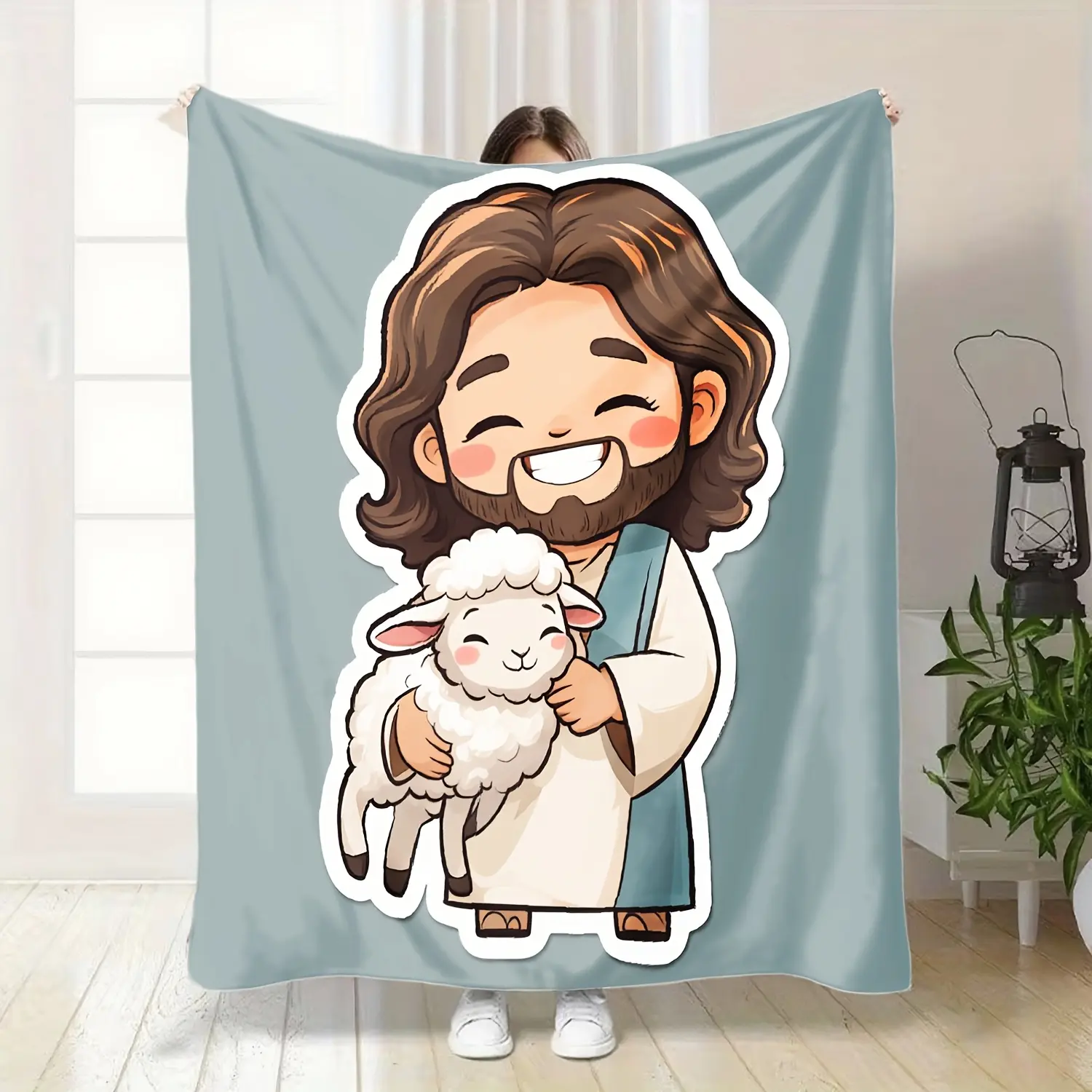 Soft Flannel Blanket Suitable For Bed, Sofa & Travel - Cute Good Shepherd Jesus & Sheep Religious Design, - Cozy Bedspread, Ideal & Holidays ( &)