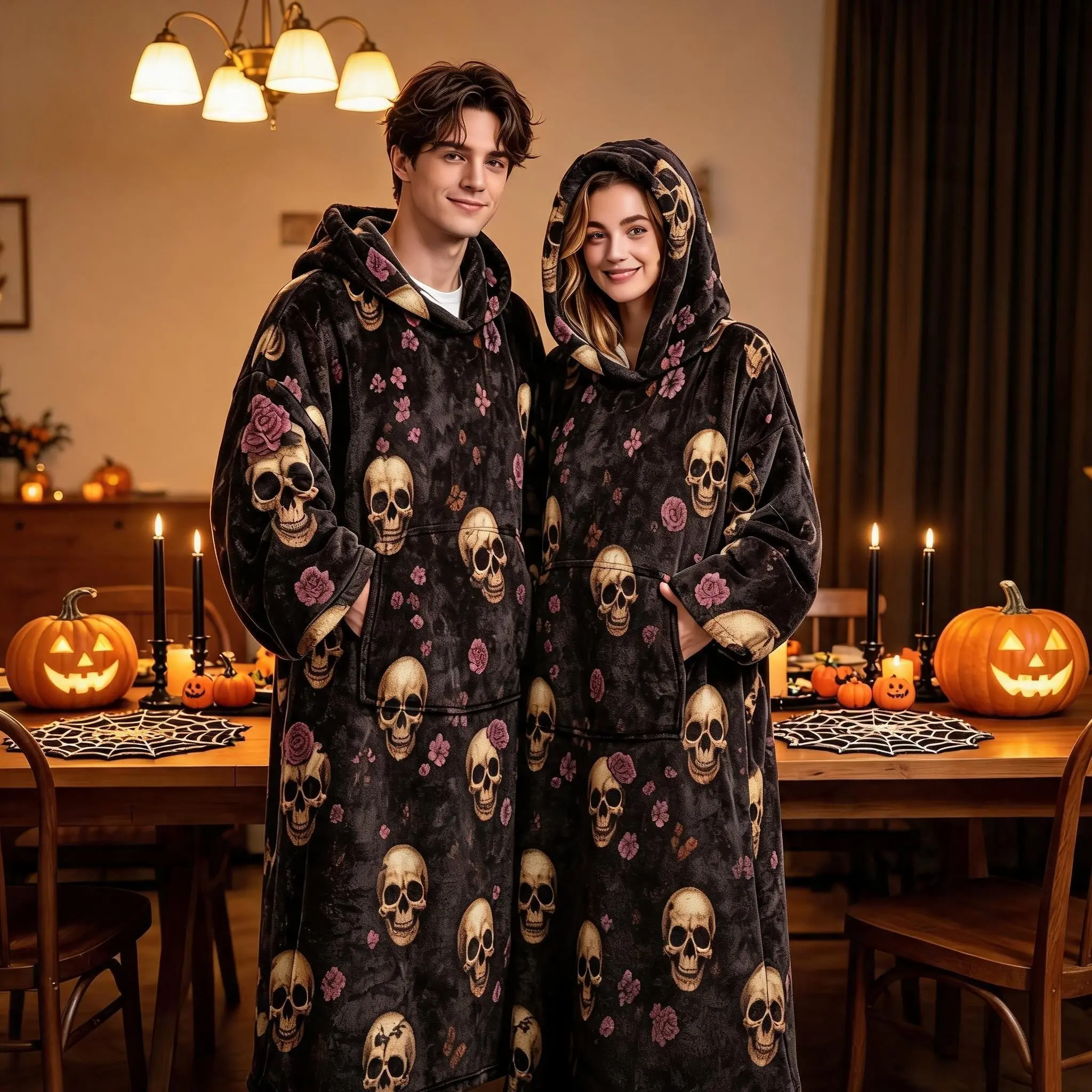 Skeleton Rose Hooded Wearable Blanket, Long Sleeve Flannel Throw, Soft Warm Cozy Wrap, Perfect for Home, Office, Travel, Christmas Gift
