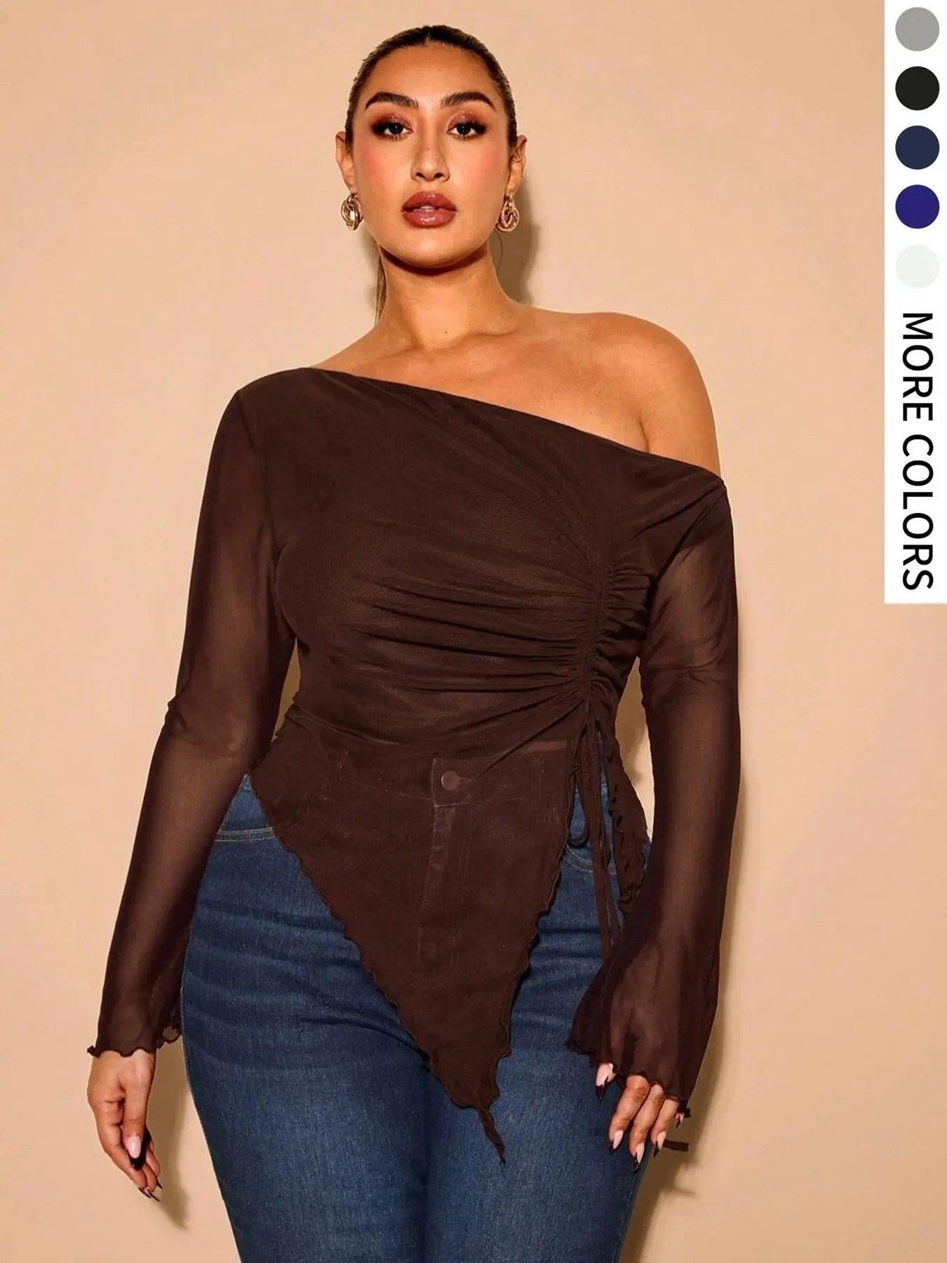Plus Size Women's Solid Color Mesh Drawstring Blouse, Asymmetric Off-The-Shoulder Design, Stretchy Fit for Parties, Dates, Holidays