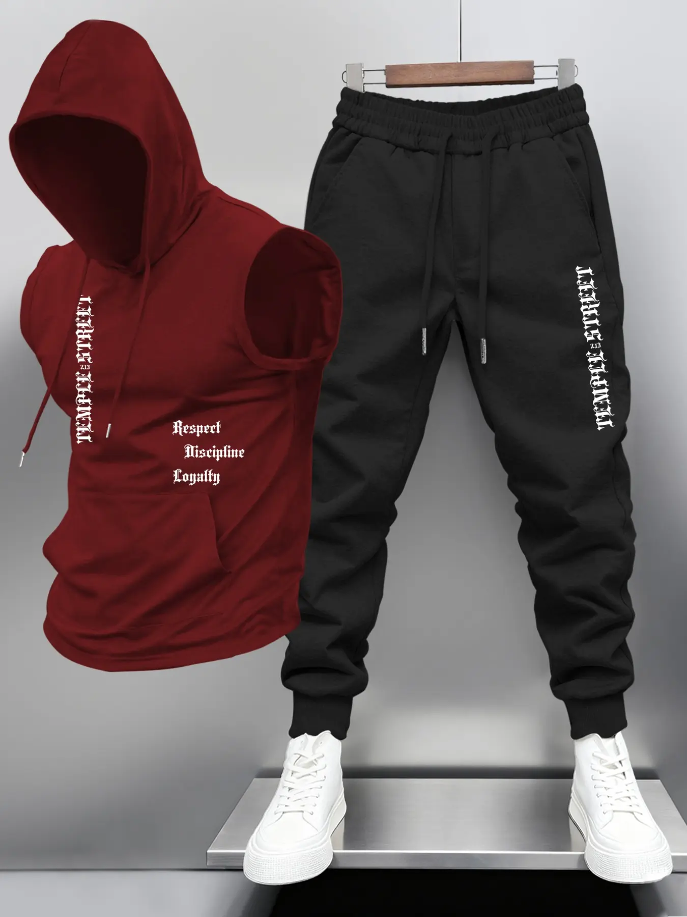 Men's Fashion Hooded Vest Long Pants Set, Respect Discipline Loyalty Slogan Print, Simple Letter Design, Street Style Trendy