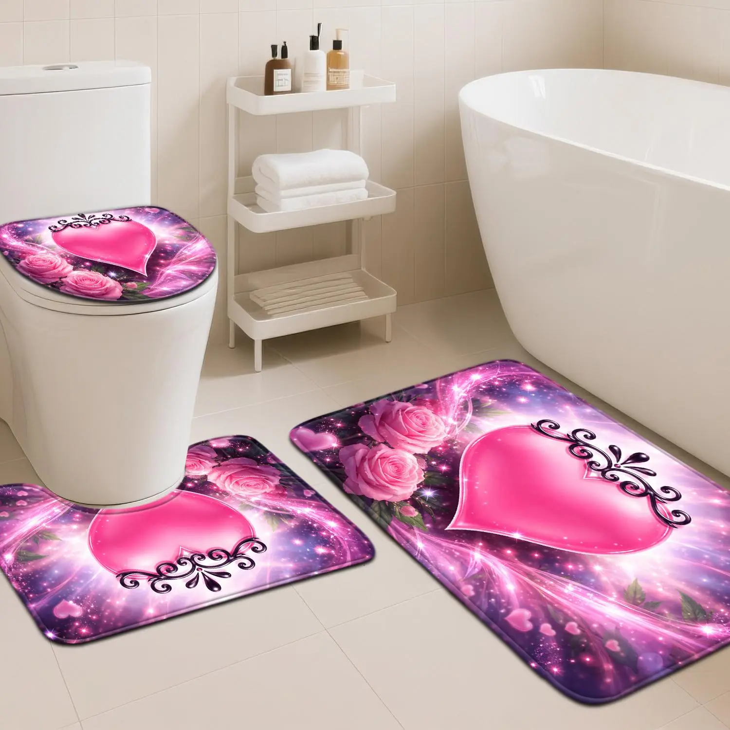 2D Flat 2/3Pcs Pink Heart Rose Glitter Starry Flannel Bathroom Mat Set, Non-Slip Quick Dry Water Absorbent Bath Rug, U-Shaped Contour Mat & Toilet Lid Cover, Home Decor Mats for Shower Room, Entryway, Bedroom