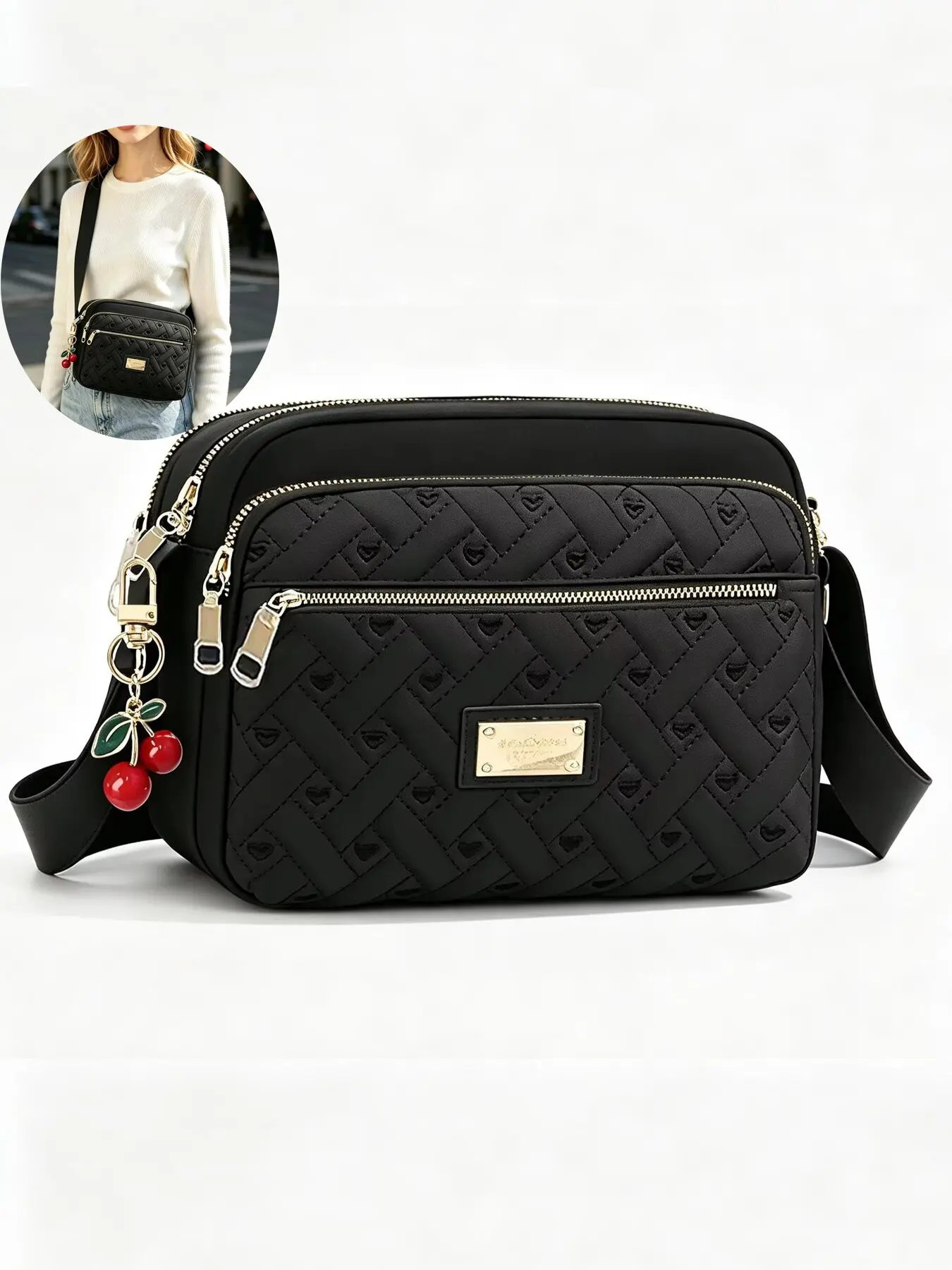 Cute Cherry Zipper Heart Embroidery Women's Shoulder Bag, Crossbody High-Quality 5-Zip Multi-Compartment Handbag for All Seasons Cross Body Bags, Stylish Crossbody Bag, Embellished Shoulder Bag, Casual Crossbody, Casual Fashion Bag