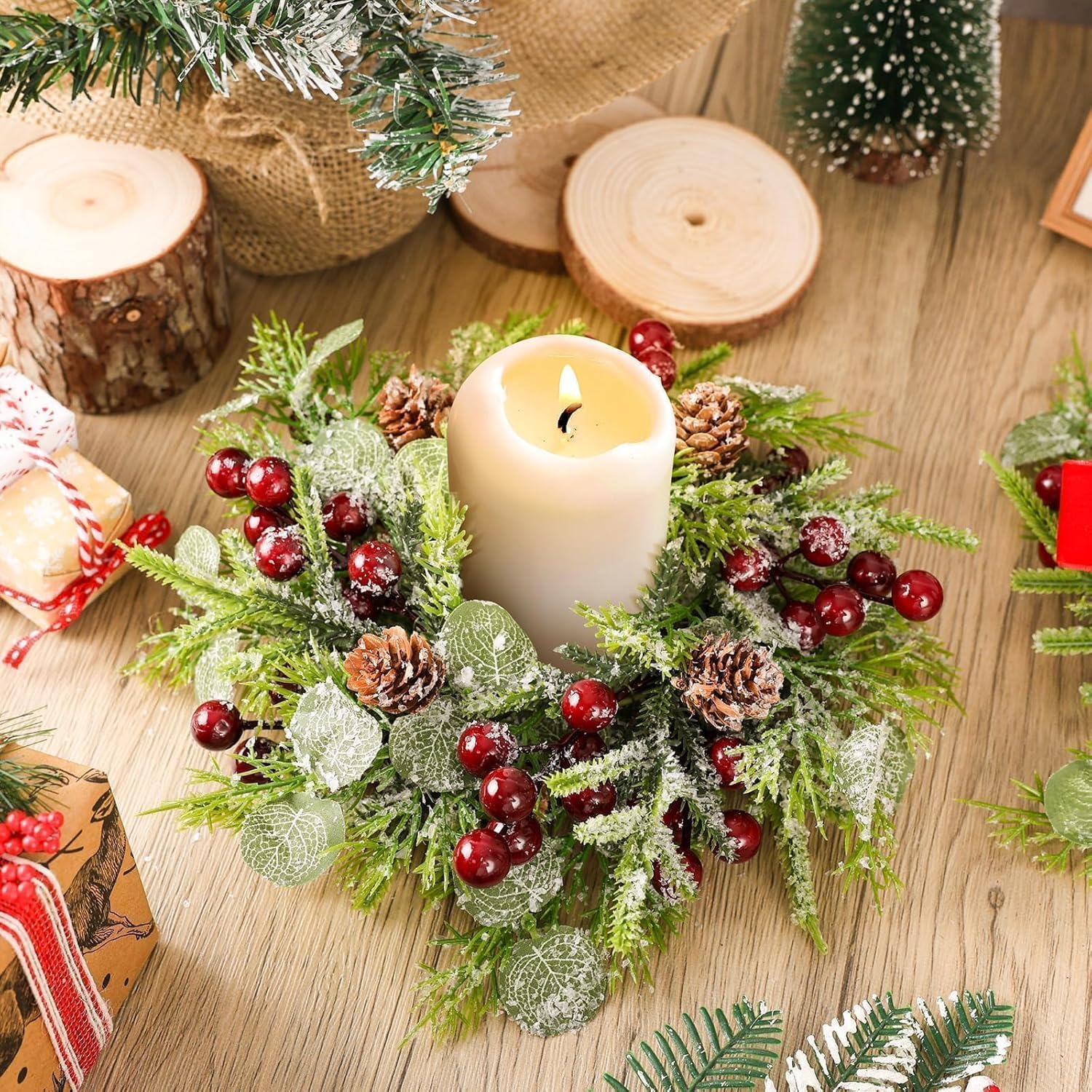 6 Pcs 9.2" Mini Christmas Wreaths for Cabinets Small Wreath Kitchen with Ribbon Christmas Decorations Candle Rings Red Berry Pine Cone Wreaths for Windows