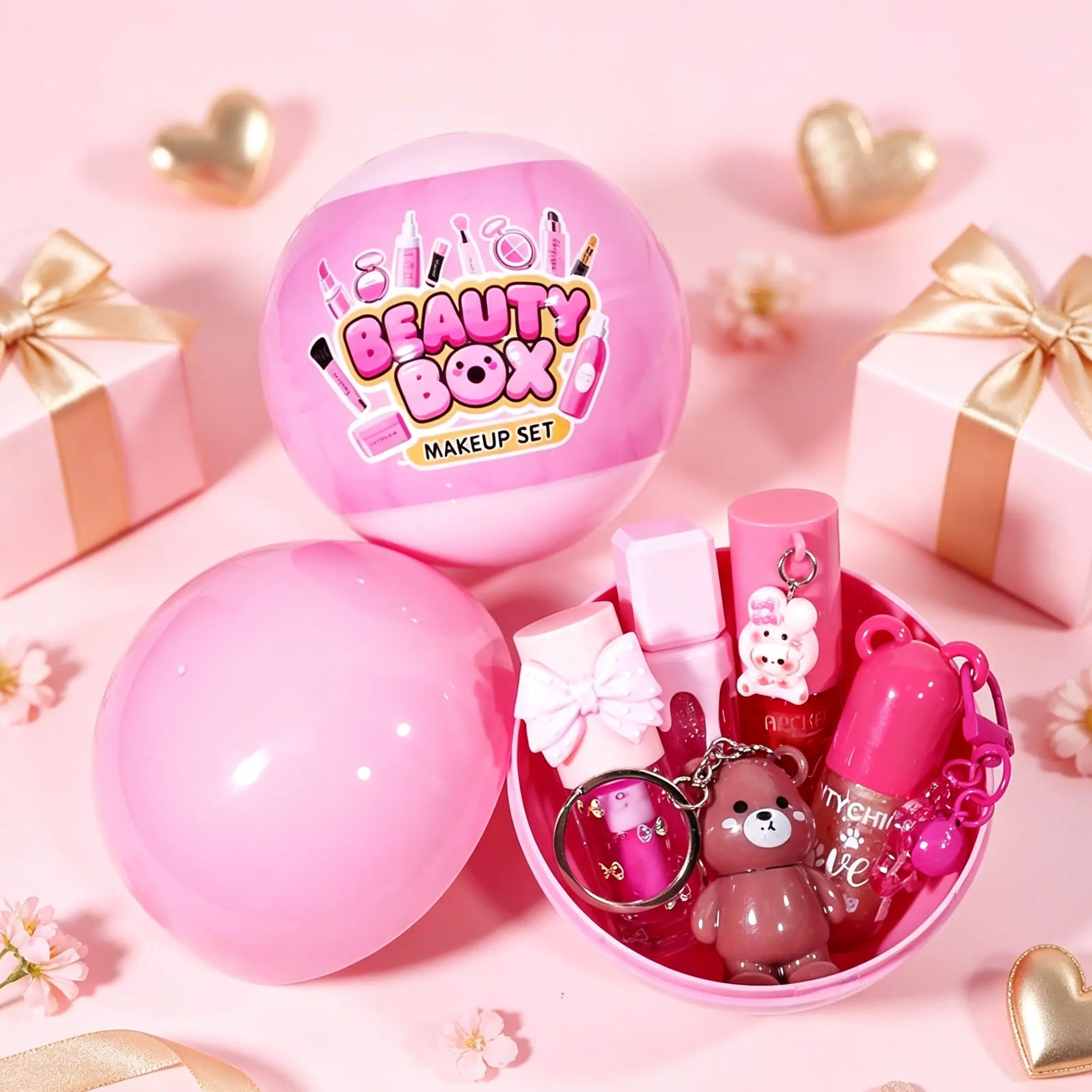 Round Beauty Box Lip Makeup Set 5-Piece, Cute Bunny Keychain, Colored Lip Oil, Glossy Lip Oil, Bear Lip Gloss, Moisturizing Lip Balm, Christmas Gift