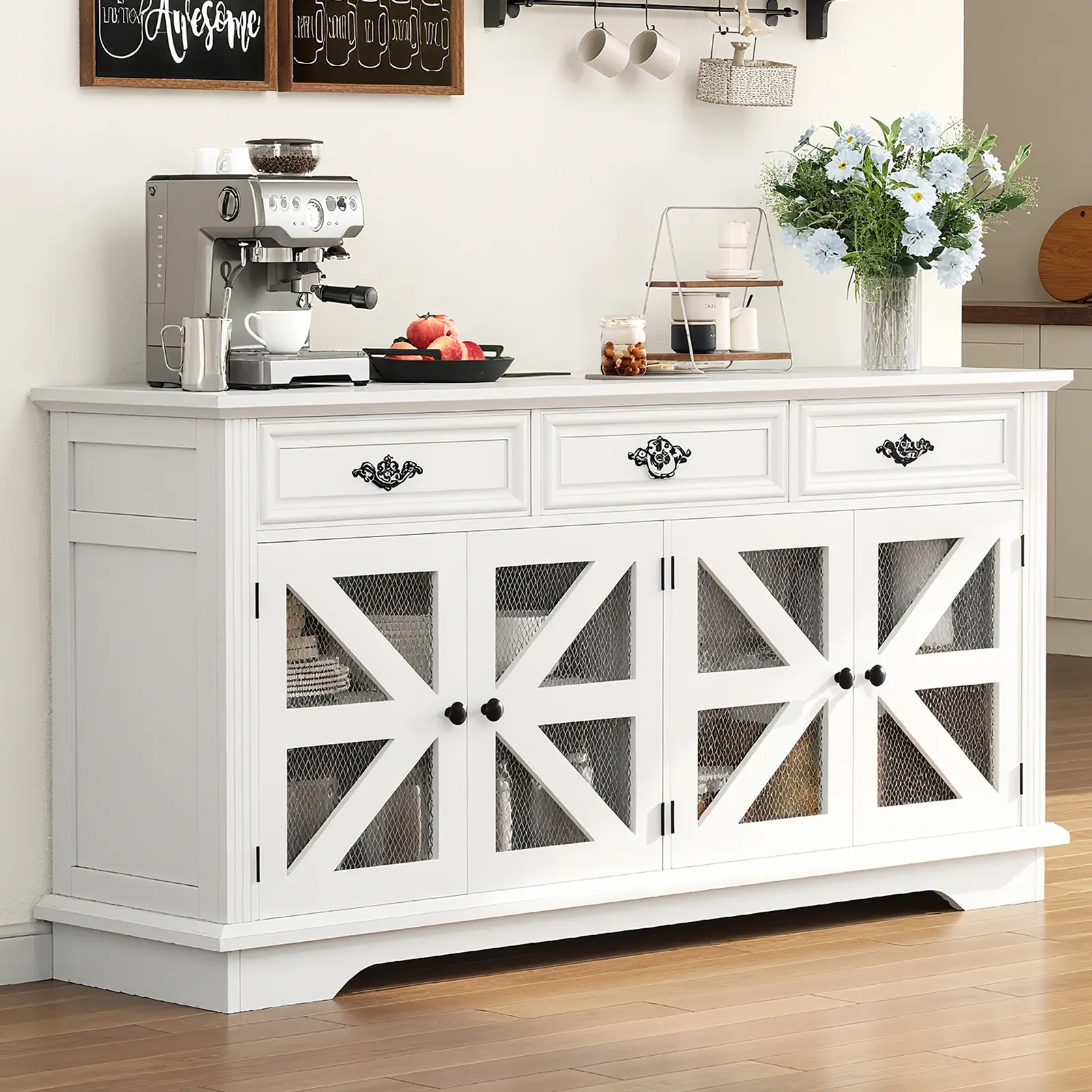 63'' Sideboard Buffet Cabinet with 3 Drawers & 4 Doors, Farmhouse Kitchen Pantry Storage Cabinet with Charging Station & Adjustable Shelves, Wooden Coffee Bar for Dining Room, White Brown