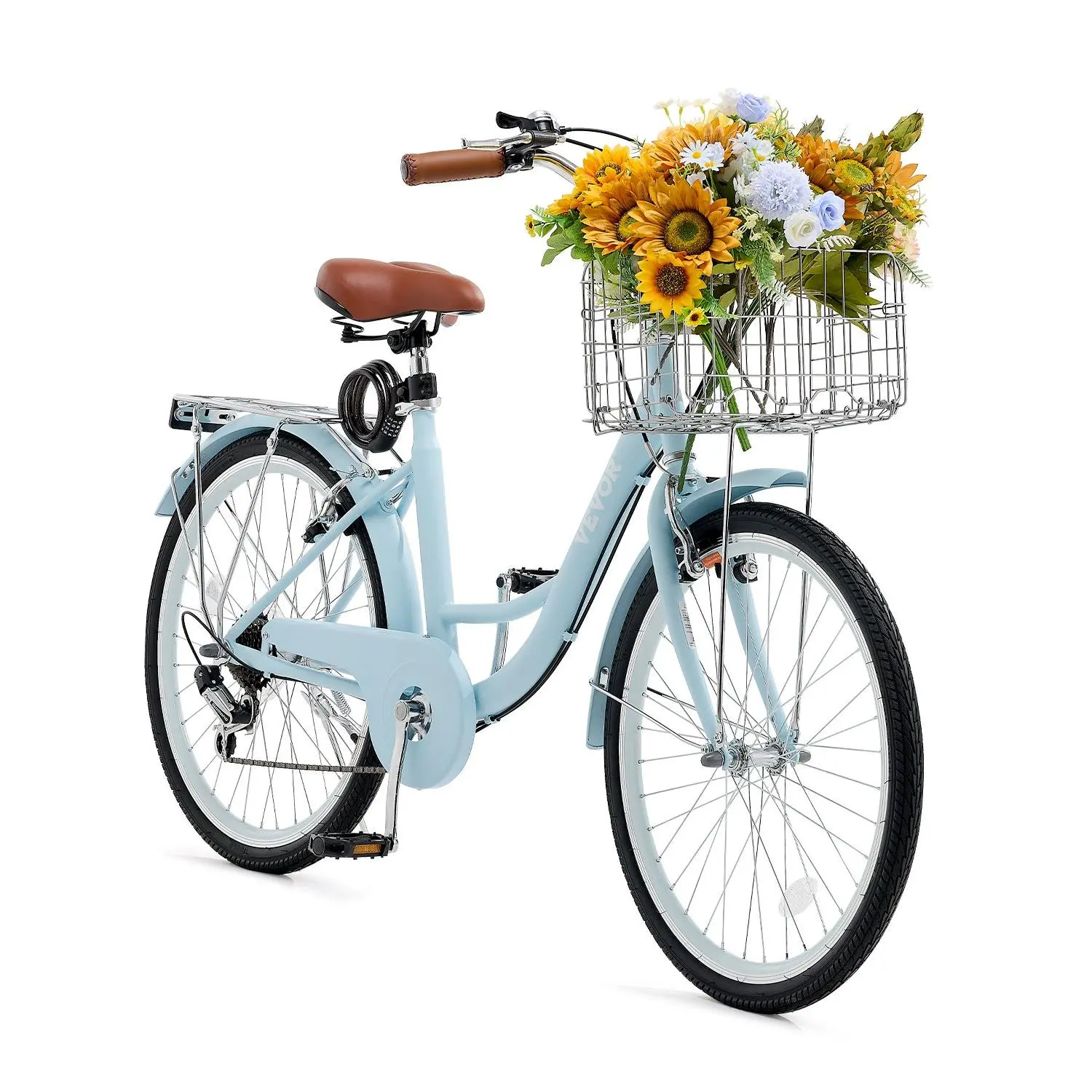【DealsForYouDays】VEVOR Cruiser Bike, 7-Speed, 26-Inch Light Blue Beach Cruiser Bike with Large Capacity Basket and Rear Rack, Secure & Sturdy Cruiser Bike with Adjustable Seat, Fits for Cycling, Exercise & Shopping