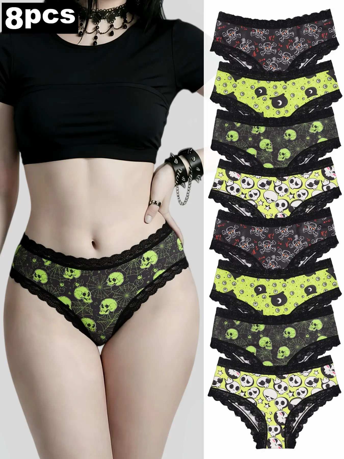 8-Pack Women's Triangle Underwear Set, Lace Trim, Gothic Skull Print, Casual Lingerie, Halloween Inspiration, outfitinspo & baddie & halloween & lingerie, Lacy Panties
