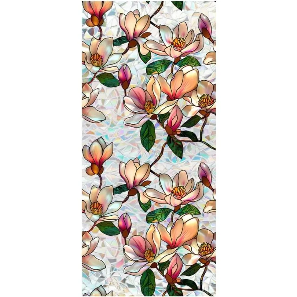 Retro Magnolia Flowers Window Privacy Film,Stained Glass Decals Colorful Floral Privacy Rainbow Decals Living Room Sun Blocking Decor Removable Static Cling Stickers,16.93x39.37inch