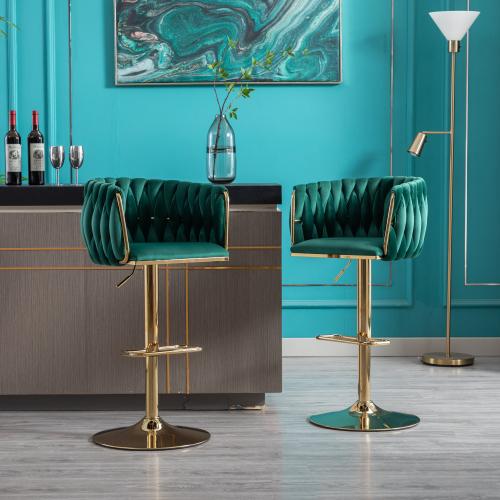 [Bellemave]Set of 2  Bar Stools,with Chrome Footrest and Base Swivel Height Adjustable Mechanical Lifting Velvet + Golden Leg Simple Bar Stool-Navy