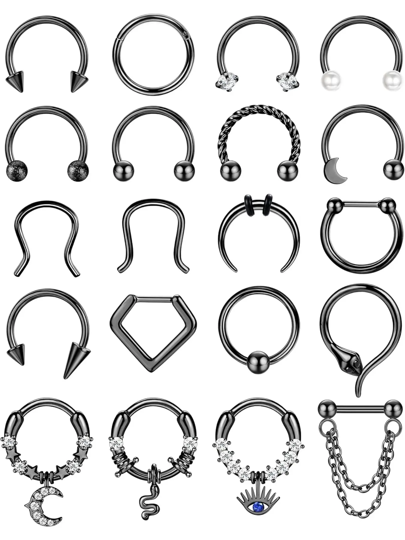 20PCS Septum Rings 16G for Women - Hypoallergenic Surgical Steel Daith Piercing Jewelry Cute Dangle Nose Ring Clicker Helix Pierced Ring for Helix, Tragus, Daith, Cartilage Earrings Hoop