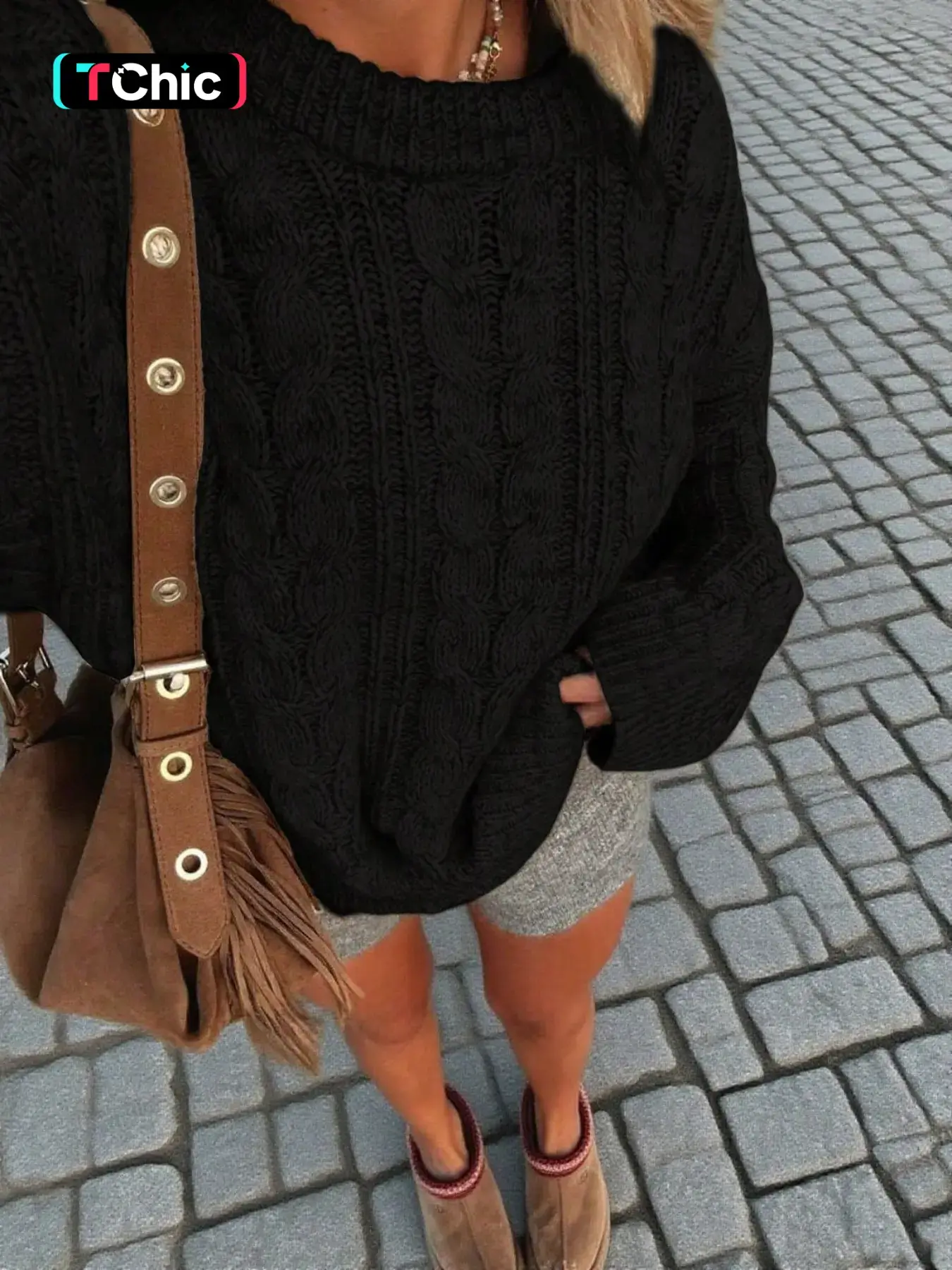 Vintage Lazy Casual Style Crew Neck Black Cable Knit Sweater for Women, Loose Drop Shoulder Midi Length Solid No Print Thick Twisted Textured Long Sleeve Pullover. Dark Academia Warm Knit Top for Autumn & Winter，Dates & Daily Wear