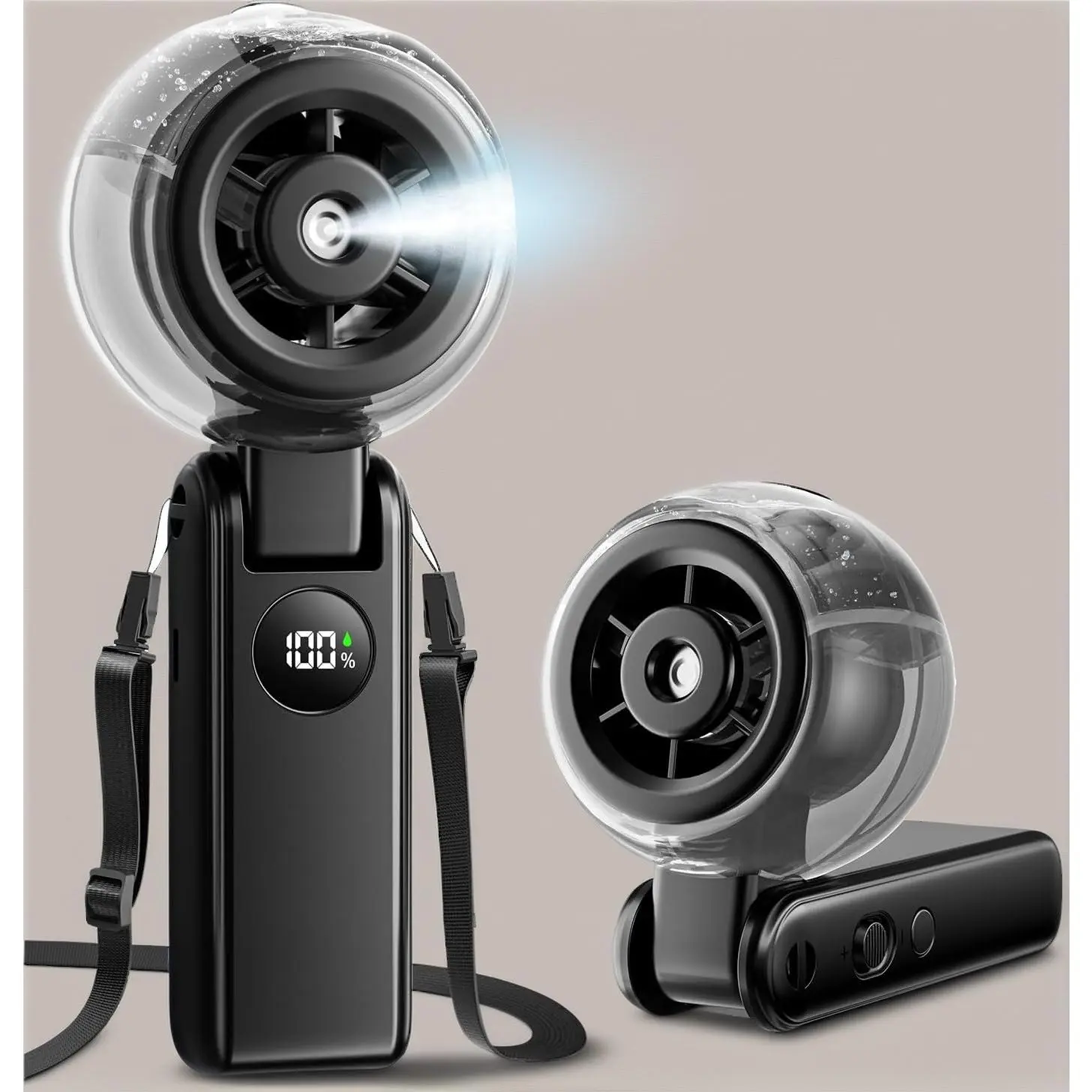 Portable Handheld Misting Fan, 4000mAh Rechargeable 3-in-1 Foldable Cooling Turbo Fan, 1-100 Stepless Speed with Water Spray & LED Display, Desk & Neck Personal Fan for Travel Beach Outdoor (Black)