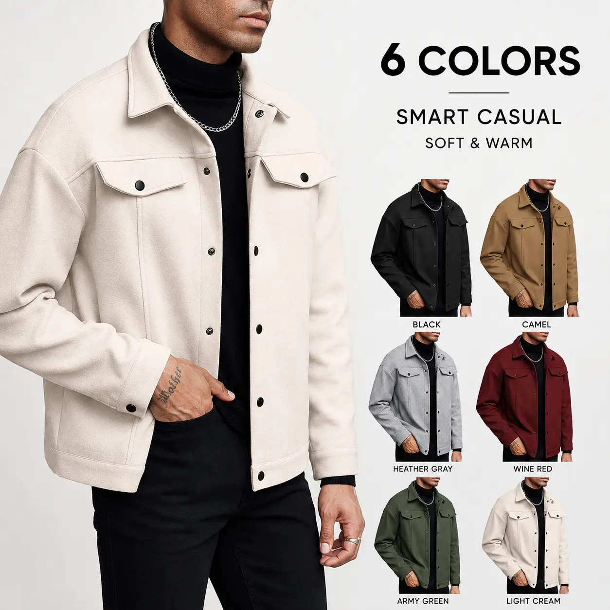 Men’s Casual Polyester Shacket Jacket - Warm Long-Sleeve Button-Up Overshirt with Chest Pockets, Relaxed Fit for Fall Winter Daily Outdoor Wear