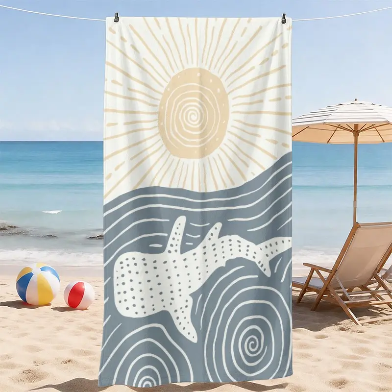 Whale Shark Beach Towel, Minimalist Ocean Wave and Sun Design; Soft, Lightweight, Absorbent, Quick Drying Towel; Relaxing Coastal Vibes for Beach, Pool and Travel; Gift for Family and Ocean Lovers, Quick Dry Towels
