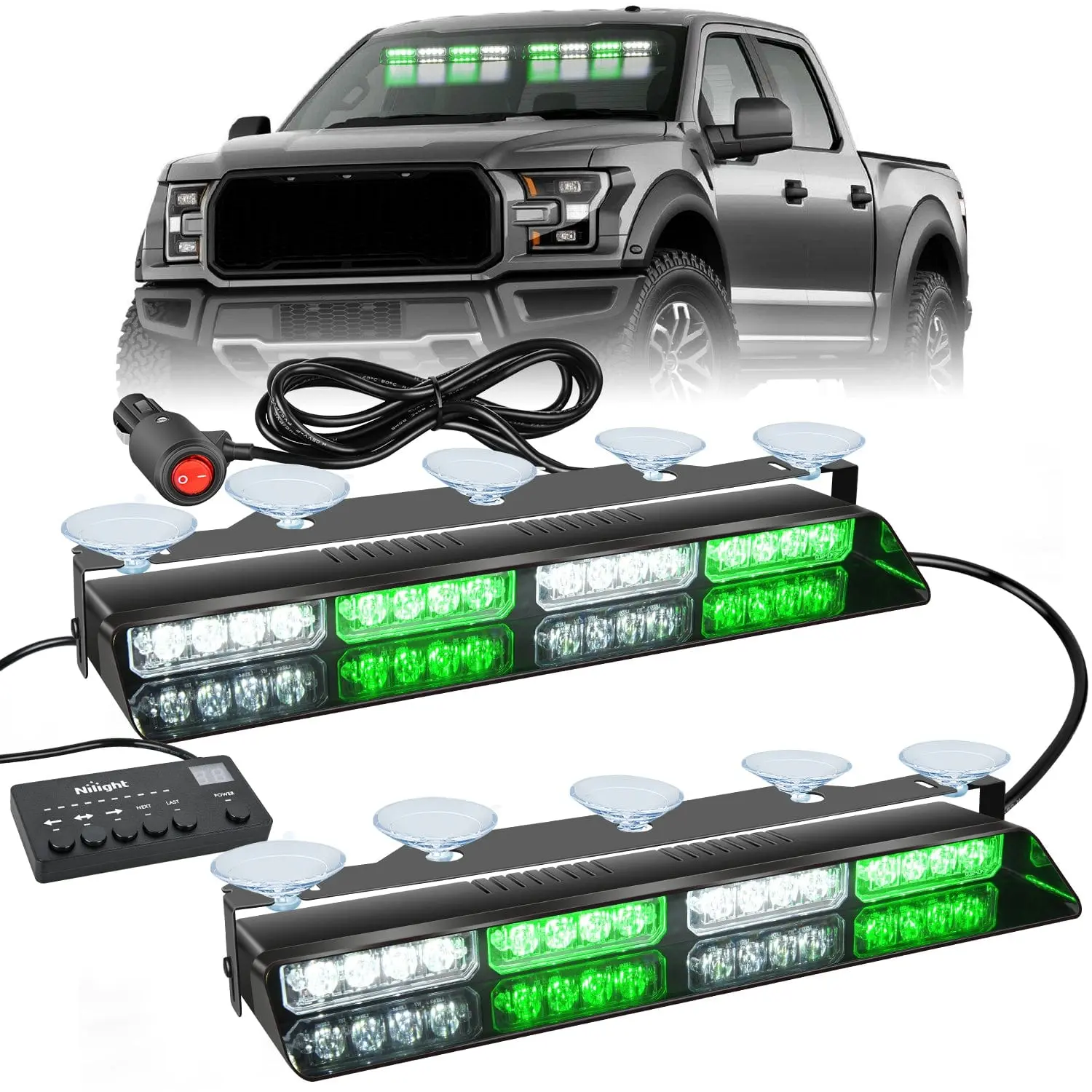 Nilight 1pcs 32-LED Green White Emergency Dash Strobe Lights with Controller, Suction Cups, 26 Flicker Modes, 12.8ft Wire, Offroad Bars & Work Lights for Automotive Law Enforcement Use, 26 Different Flicker Modes, 32 Led Chips