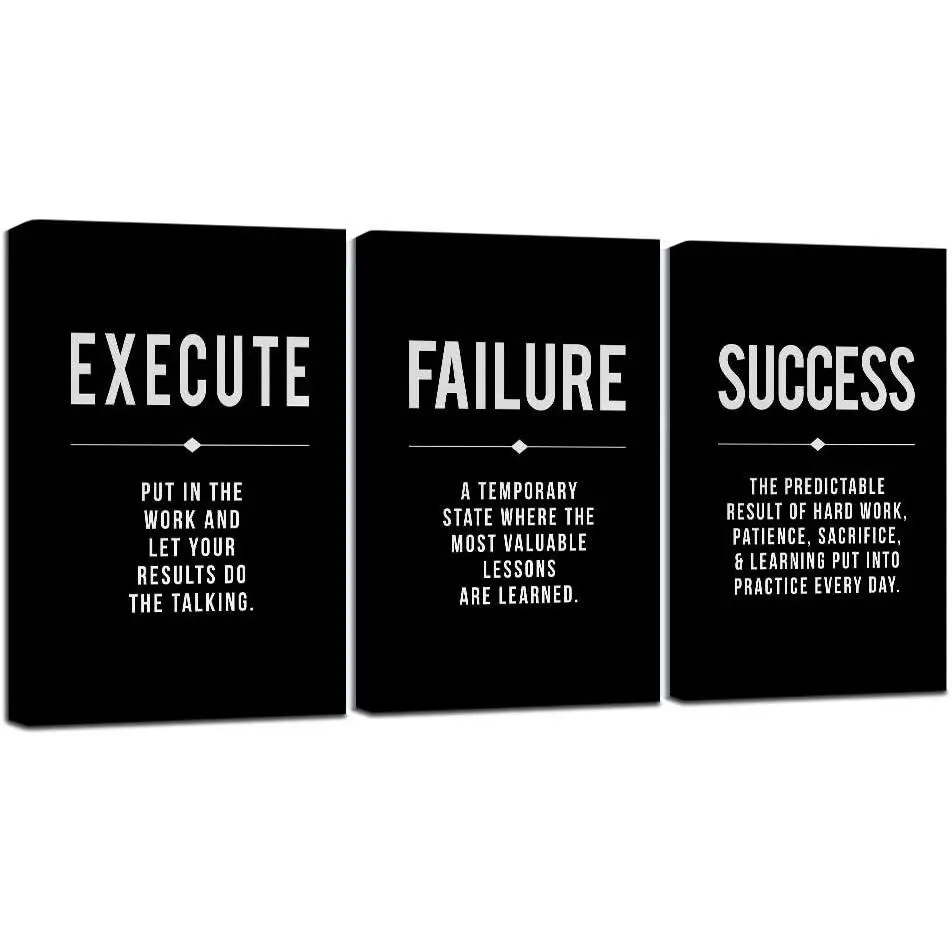 Wood Framed Decorative Inspirational Wall Art Set of 3 - Black Large Office Decor Posters with Success & Failure Definition Quotes, Waterproof, 12x16in Each