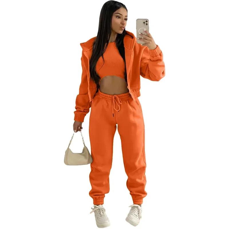 Women's Clothing Set Fleece-lined Hooded Sweater &Sleeveless Tank Top & Sports Sweatpants Pants Can be used with raincoat