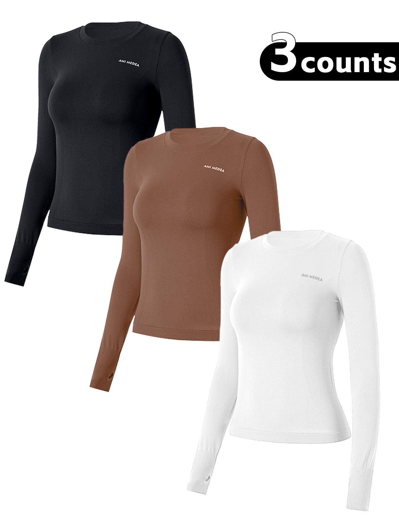 Women's Letter Print Thumb Hole Design Sports Tee, Quick Drying Breathable Round Neck Long Sleeve T-shirt for Gym Workout Running, Ladies Sportswear for All Seasons, Gym Tees, Sports Tops