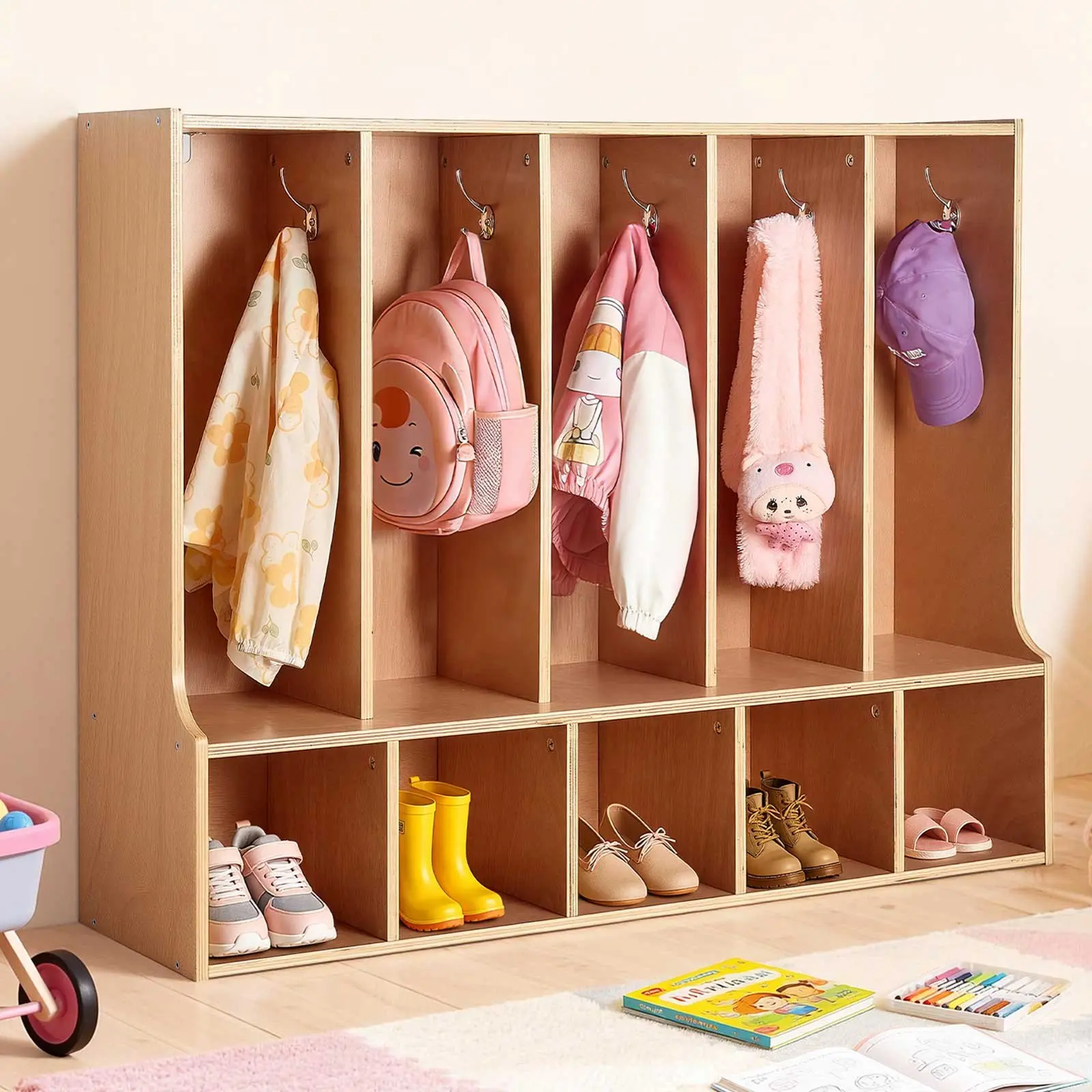 VEVOR 5-Section Kids Coat Locker, Wooden Toddler Cubby Storage Organizer with 10 Hooks & Non-Slip Mat, Modern Kid Coat Cubbies with 5 Small Open Storage Boxes for Home, Kindergarten, Daycare, Natural