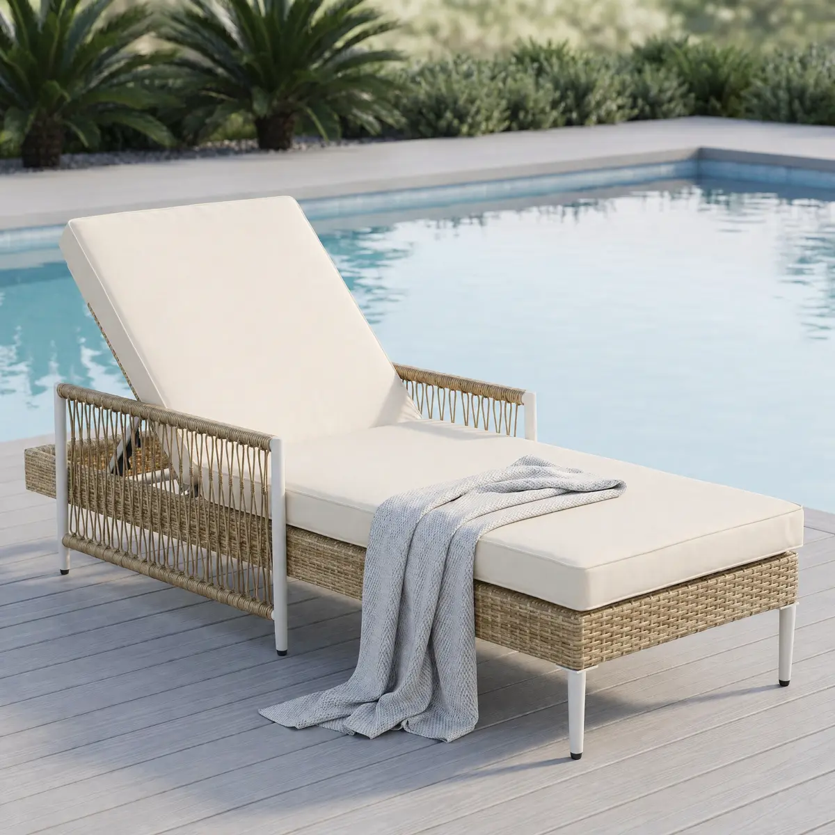 Patio Wicker Chaise Lounge Chair with 6 Gear Adjustable Recliner, Arms and Cushion, Outdoor All-Weather PE Rattan Lounge Chair for Poolside, Beach, Deck