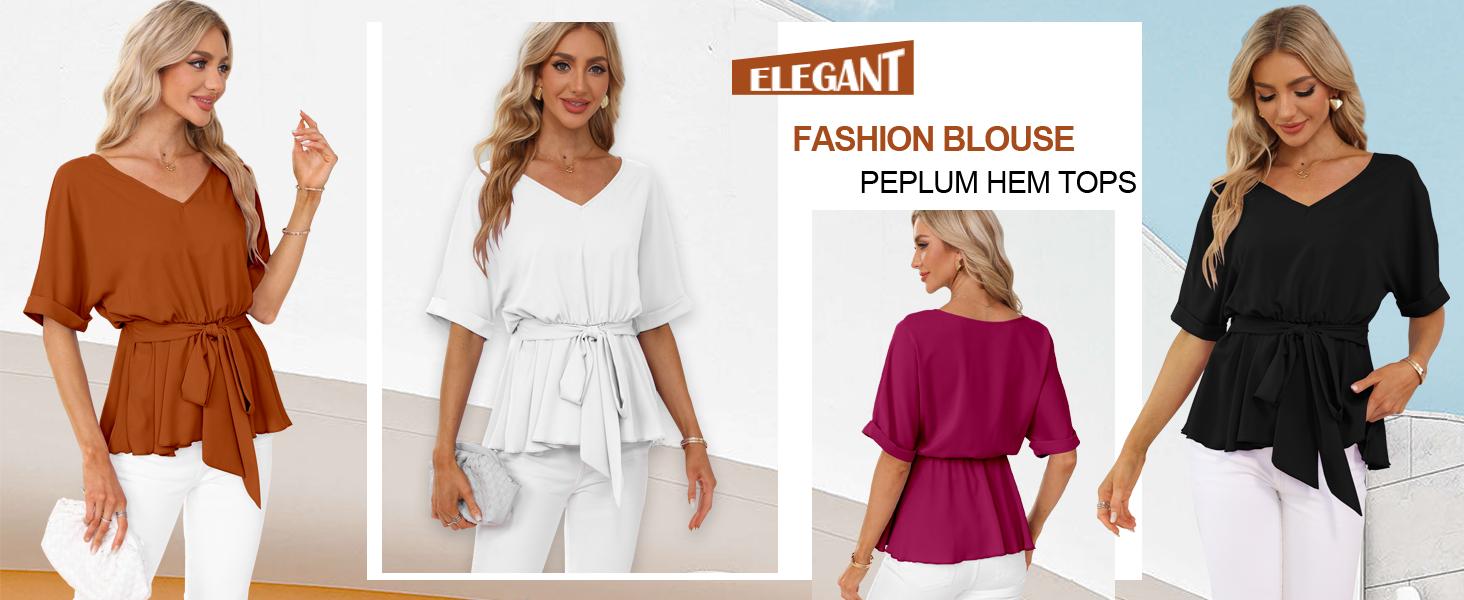FMEYOA Womens Fashion V Neck Blouse Short Sleeve Belted Casual T-Shirts Basic Tee Tops FMEYOA Womens Fashion V Neck Blouse Short Sleeve Belted Casual T-Shirts Basic Tee Tops