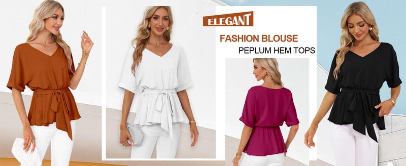 FMEYOA Womens Fashion V Neck Blouse Short Sleeve Belted Casual T-Shirts Basic Tee Tops