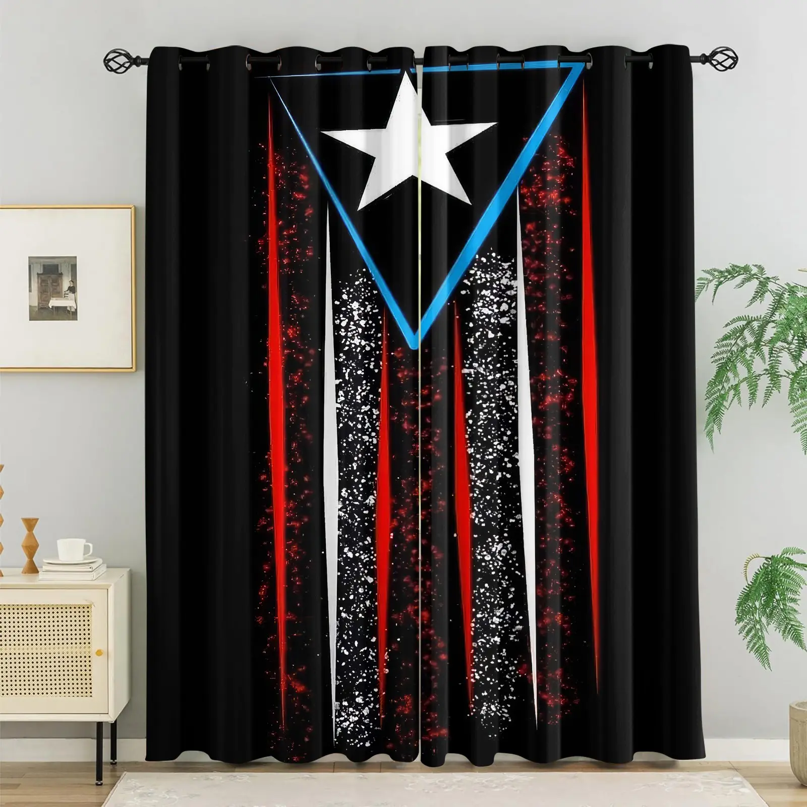 2Pcs Puerto Rico National Flag Printed Curtains, Window Drapes, Home Decoration Curtain, Glitter Stripe Star Design, Grommet Top Window Treatment, Sunshade Privacy Protection for Boricua Home Bedroom Decor