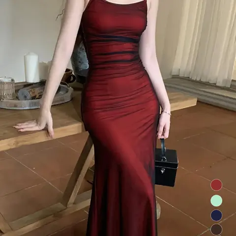 Women's Plain Ruched Cami Dress, Elegant Sleeveless Spaghetti Strap Bodycon Fit Long Dress for Party Club Dating Wear, Ladies Clothes for All Seasons